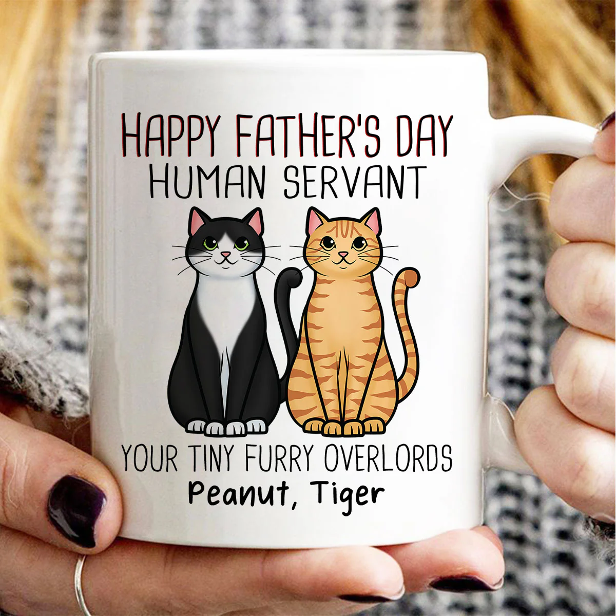 Cute Sitting Cats Happy Father‘s Day Human Servant Personalized Mug - Image 3