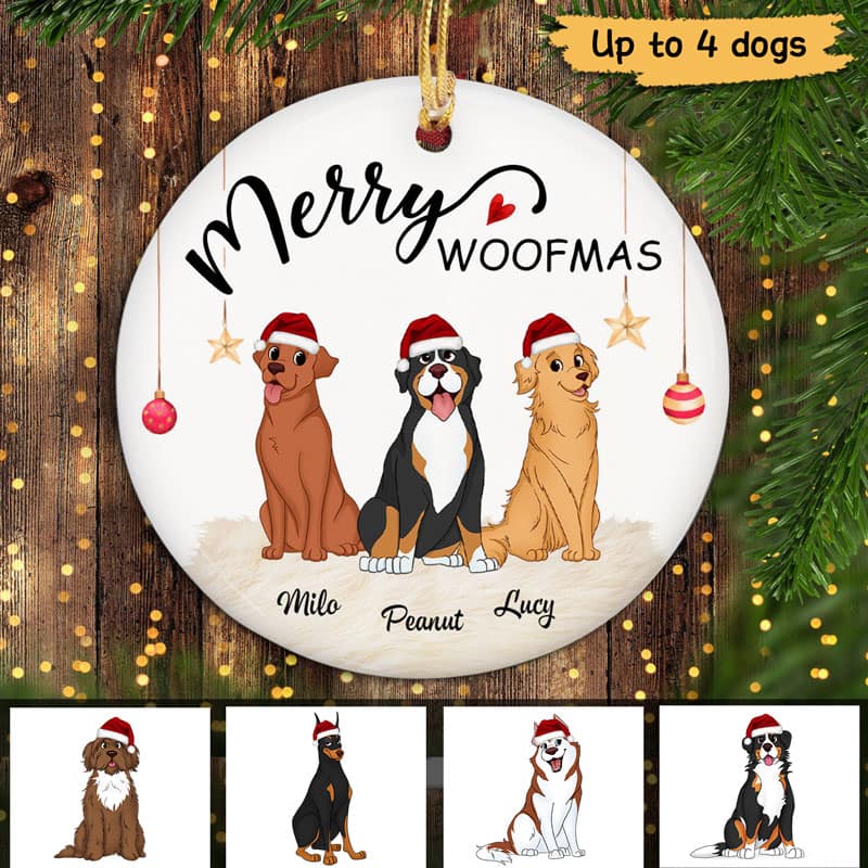 Cute Sitting Dogs Merry Woofmas Christmas Personalized Circle Ornament - Image 2
