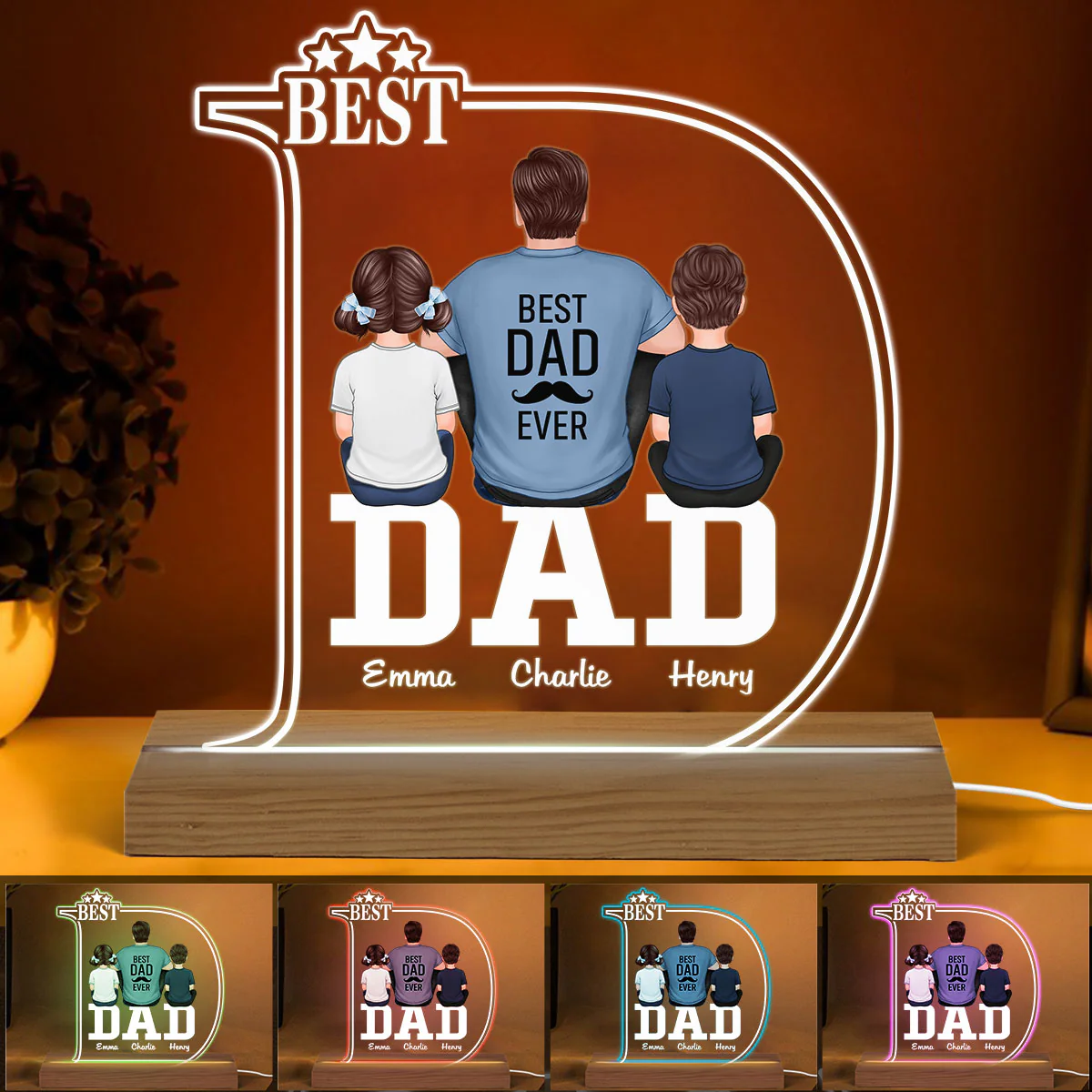D Letter Best Dad And Kids Back View Personalized Custom Shape Acrylic LED Night Light