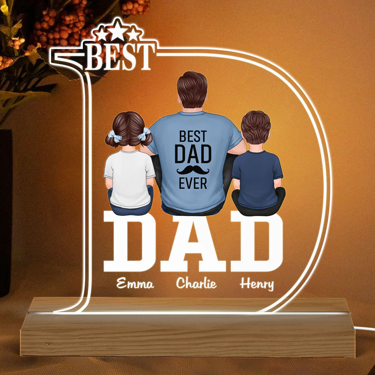 D Letter Best Dad And Kids Back View Personalized Custom Shape Acrylic LED Night Light - Image 2