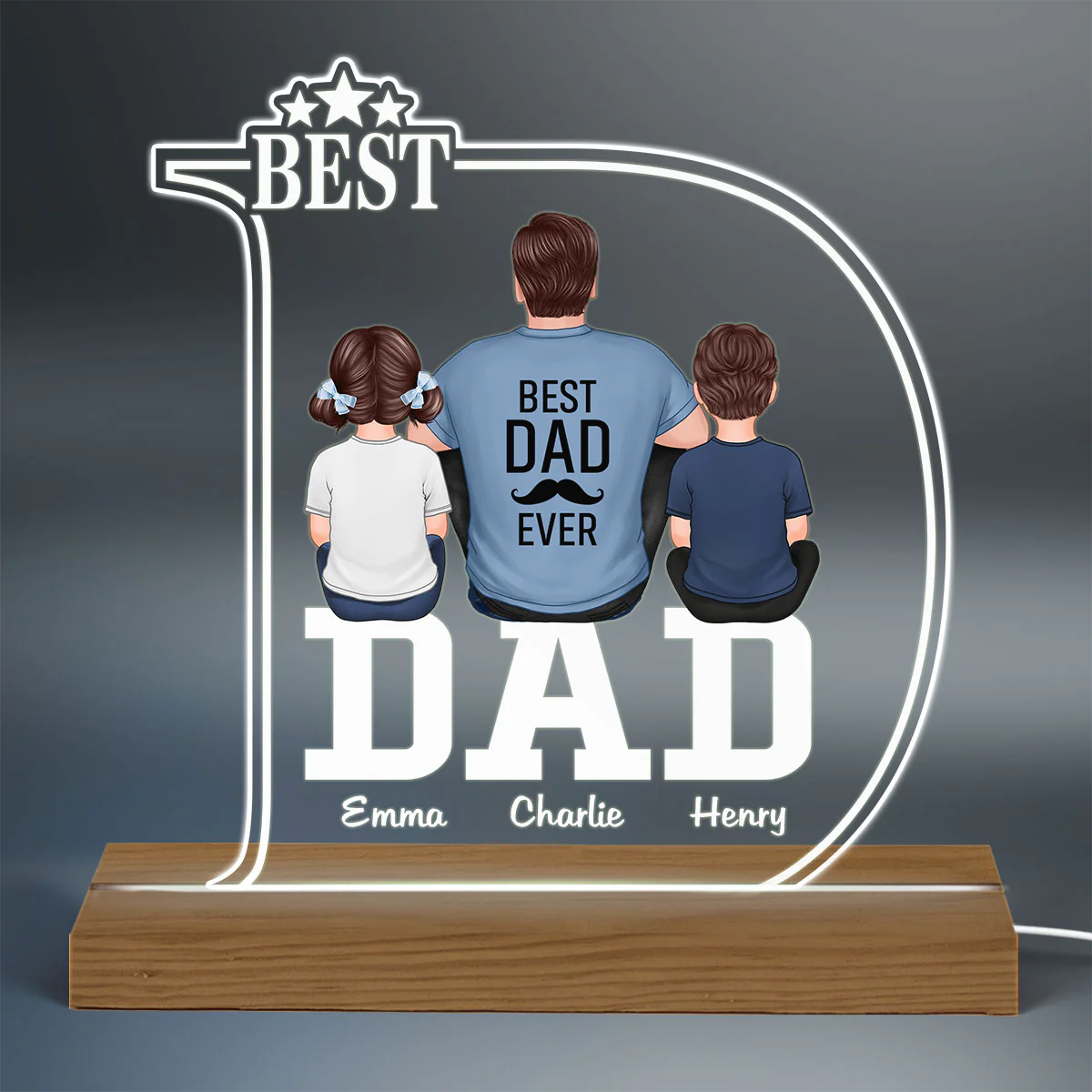 D Letter Best Dad And Kids Back View Personalized Custom Shape Acrylic LED Night Light - Image 3