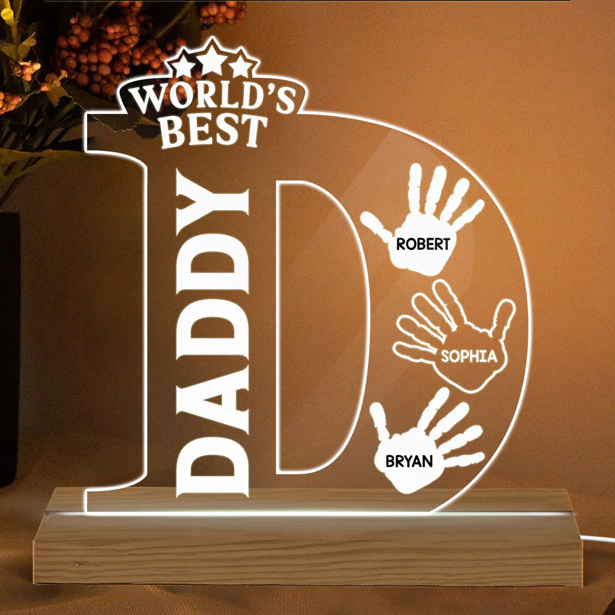 D Letter Handprints Father‘s Day Gift Personalized Warm Custom Shape LED Night Light - Image 2