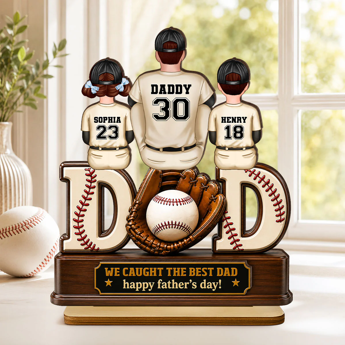 Dad And Children Baseball Gloves - Personalized 2-Layered Wooden Plaque -  Gift for Dad, Husband - Image 3