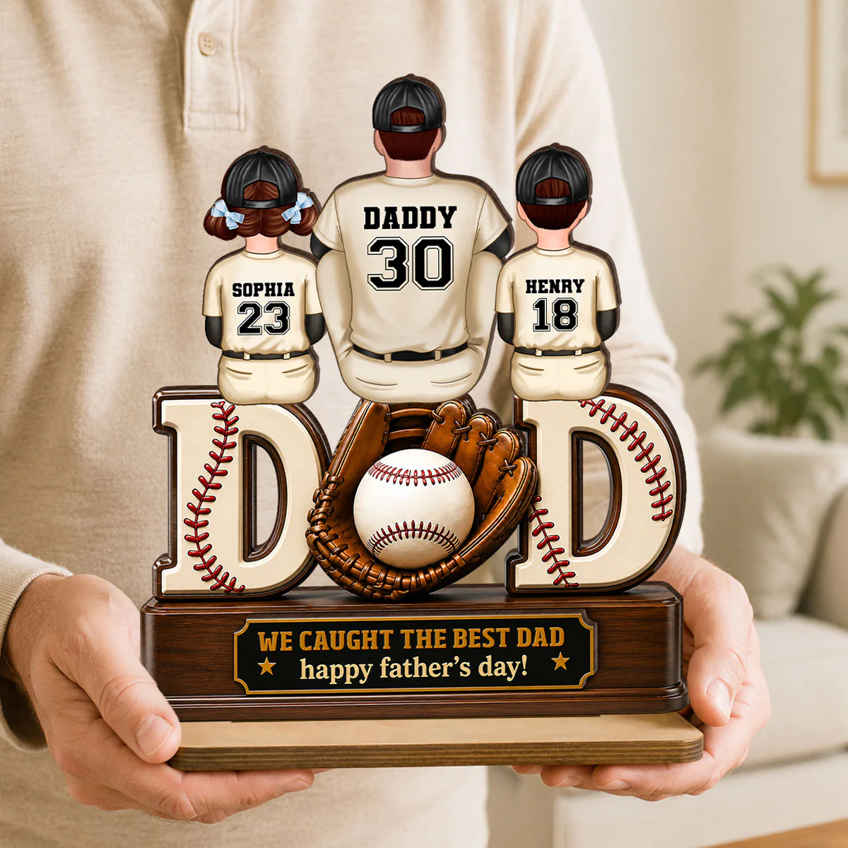 Dad And Children Baseball Gloves - Personalized 2-Layered Wooden Plaque -  Gift for Dad, Husband - Image 4