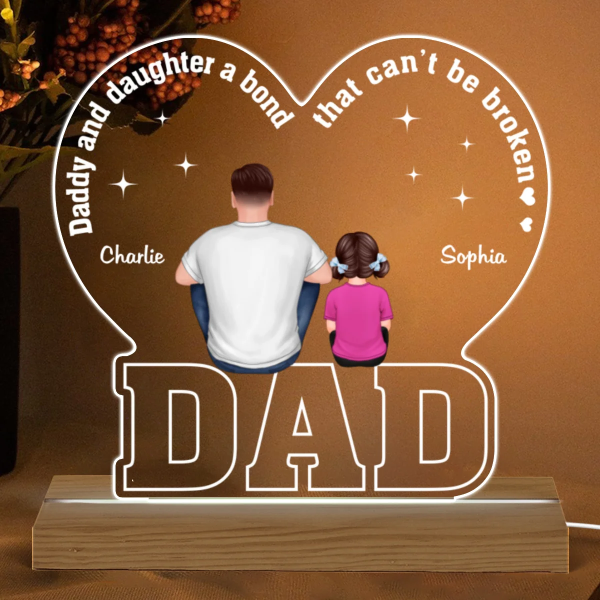 Dad And Daughters Sons Bond That Can‘t Be Broken Back View Man Kids Dog Cat Sitting Father‘s Day Gift Personalized Warm Custom Shape Acrylic Plaque LED Night Light - Image 4