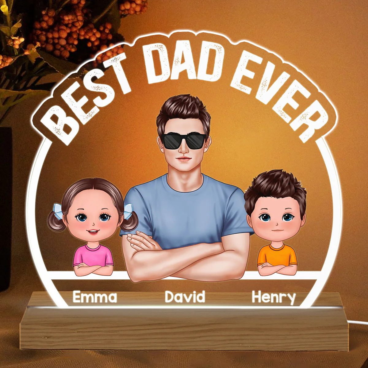 Dad And Doll Kids Best Dad Ever Personalized Custom Shape Acrylic LED Night Light - Image 2