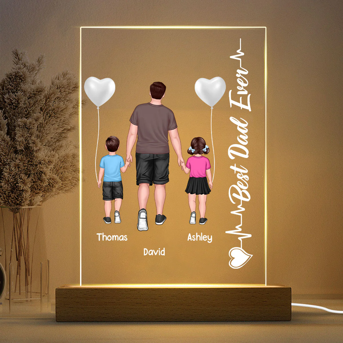 Dad And Kid Walking Heart Beat Personalized Rectangle Acrylic LED Night Light - Image 3