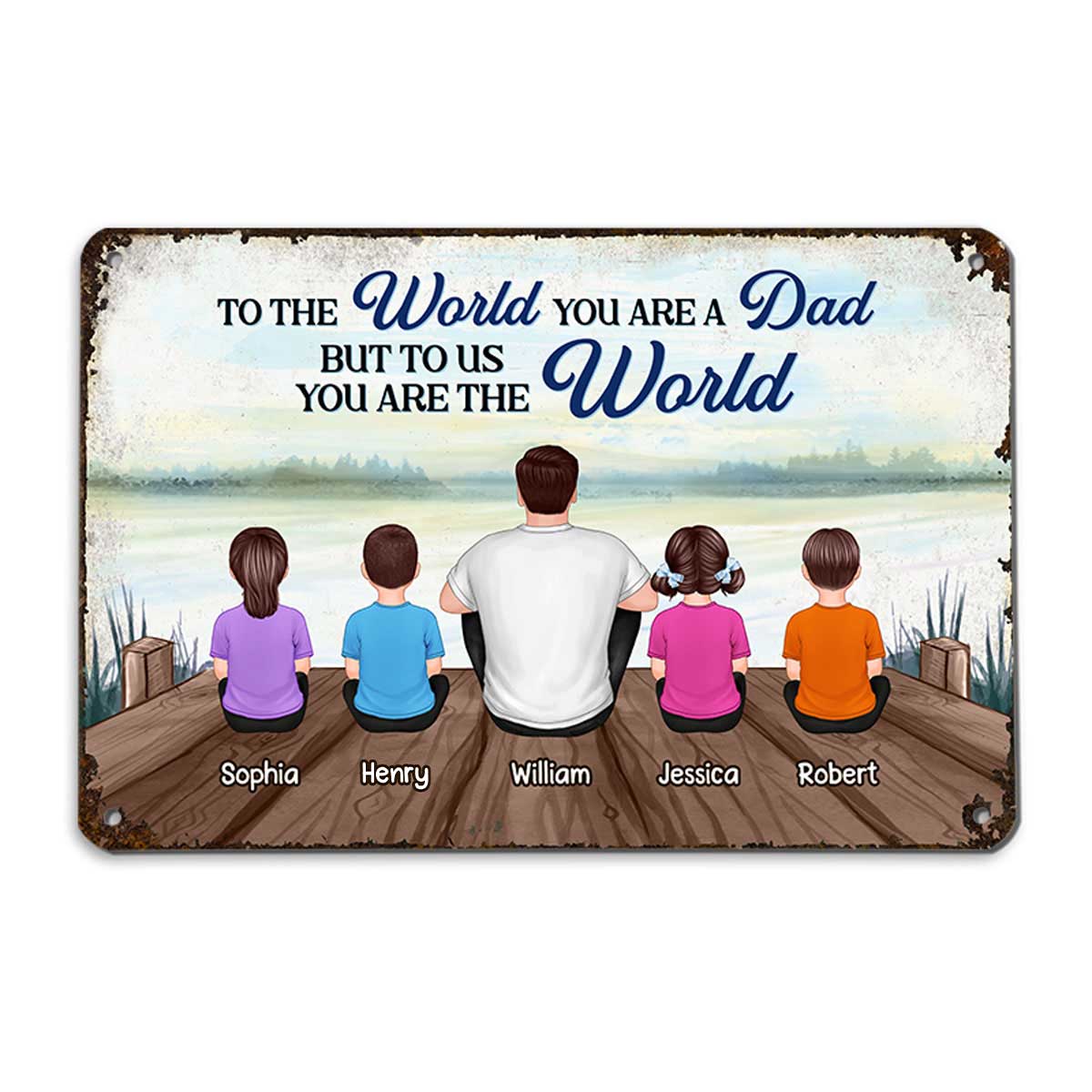 Dad And Kids Back View Lake Personalized Metal Sign