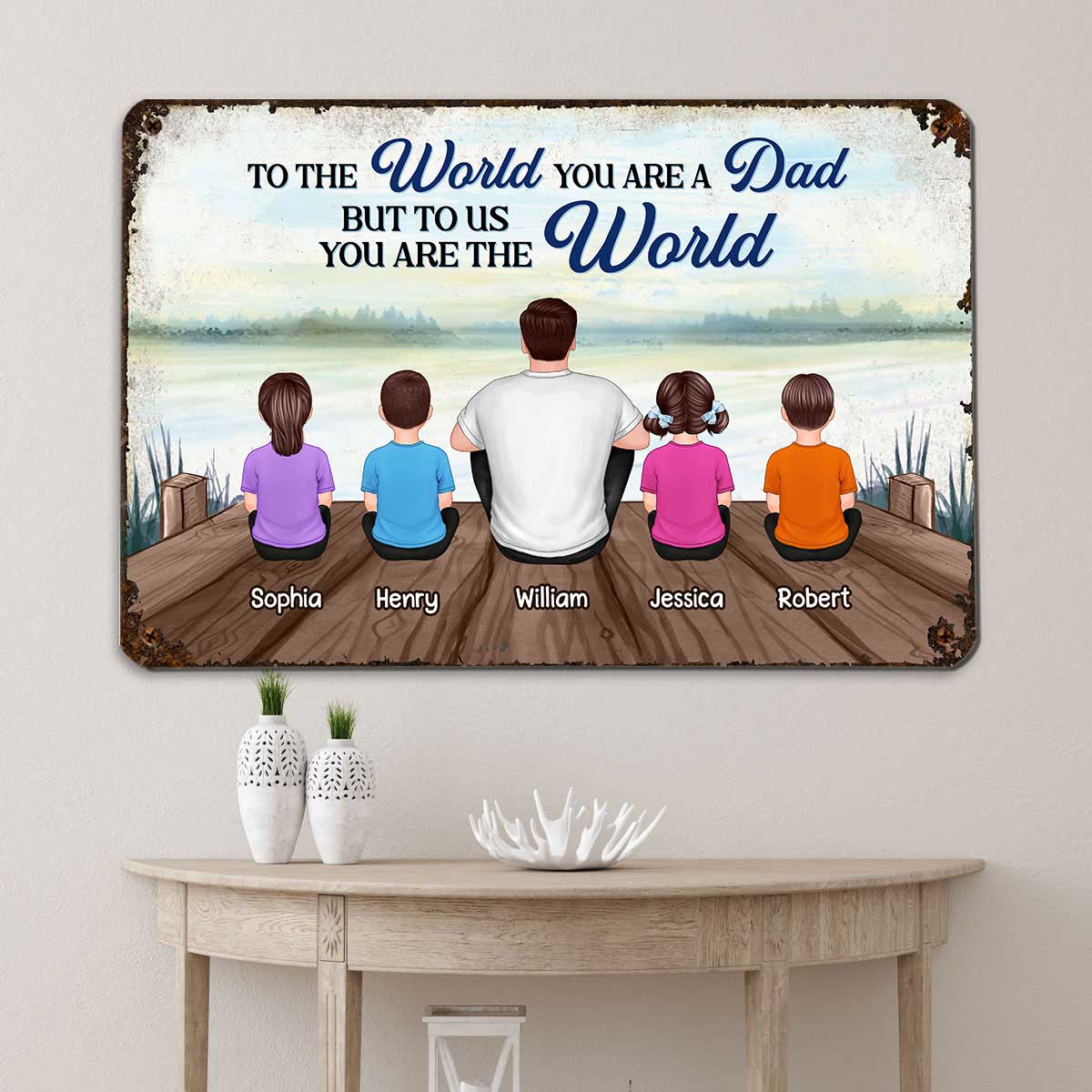 Dad And Kids Back View Lake Personalized Metal Sign - Image 2