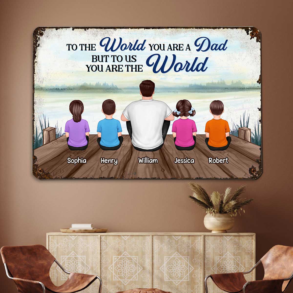 Dad And Kids Back View Lake Personalized Metal Sign - Image 3