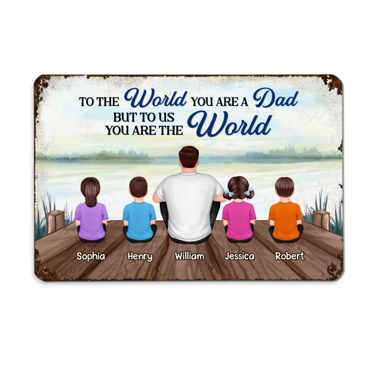 Dad And Kids Back View Lake Personalized Metal Sign - Image 4