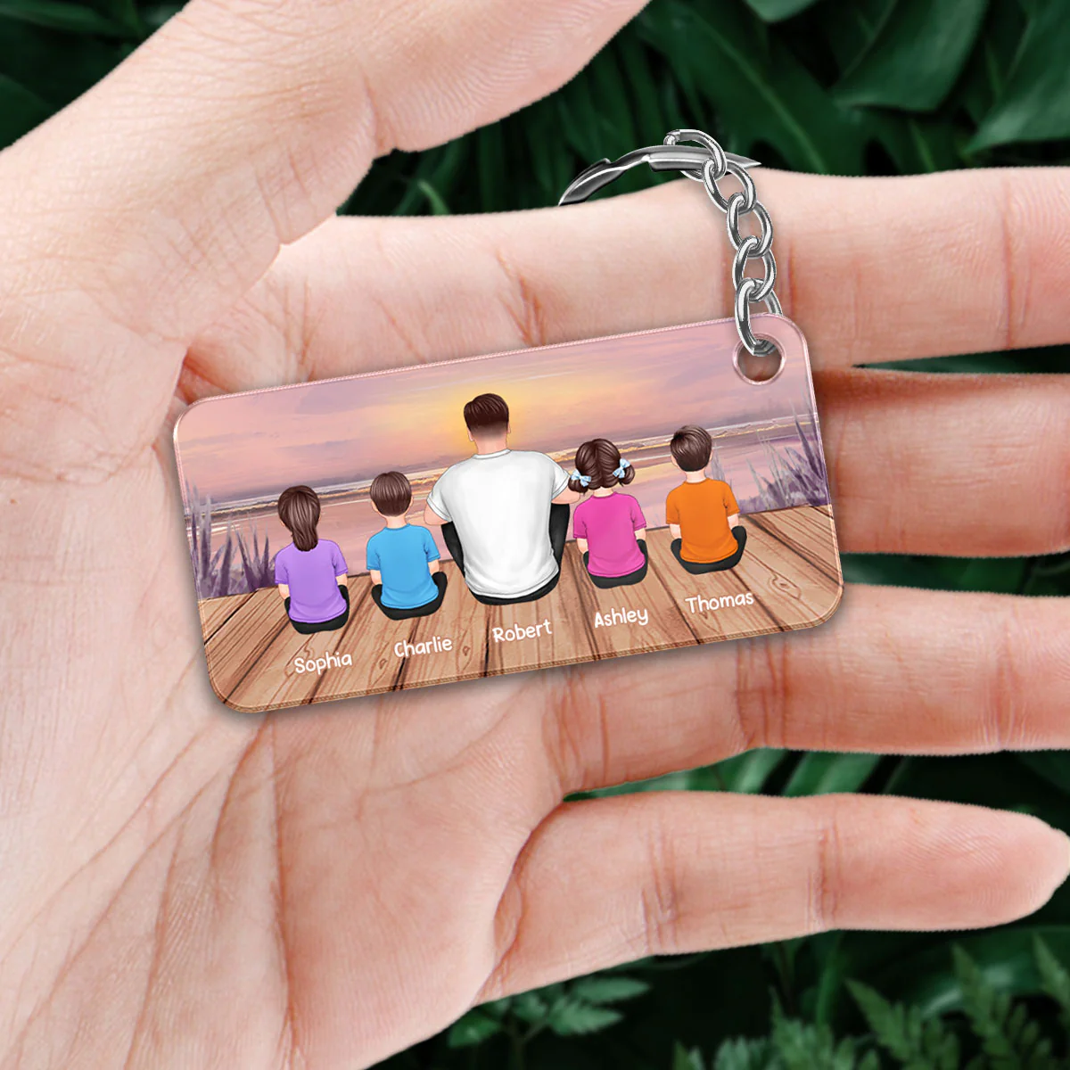 Dad And Kids Back View Lake Sunset Personalized Acrylic Keychain - Image 2