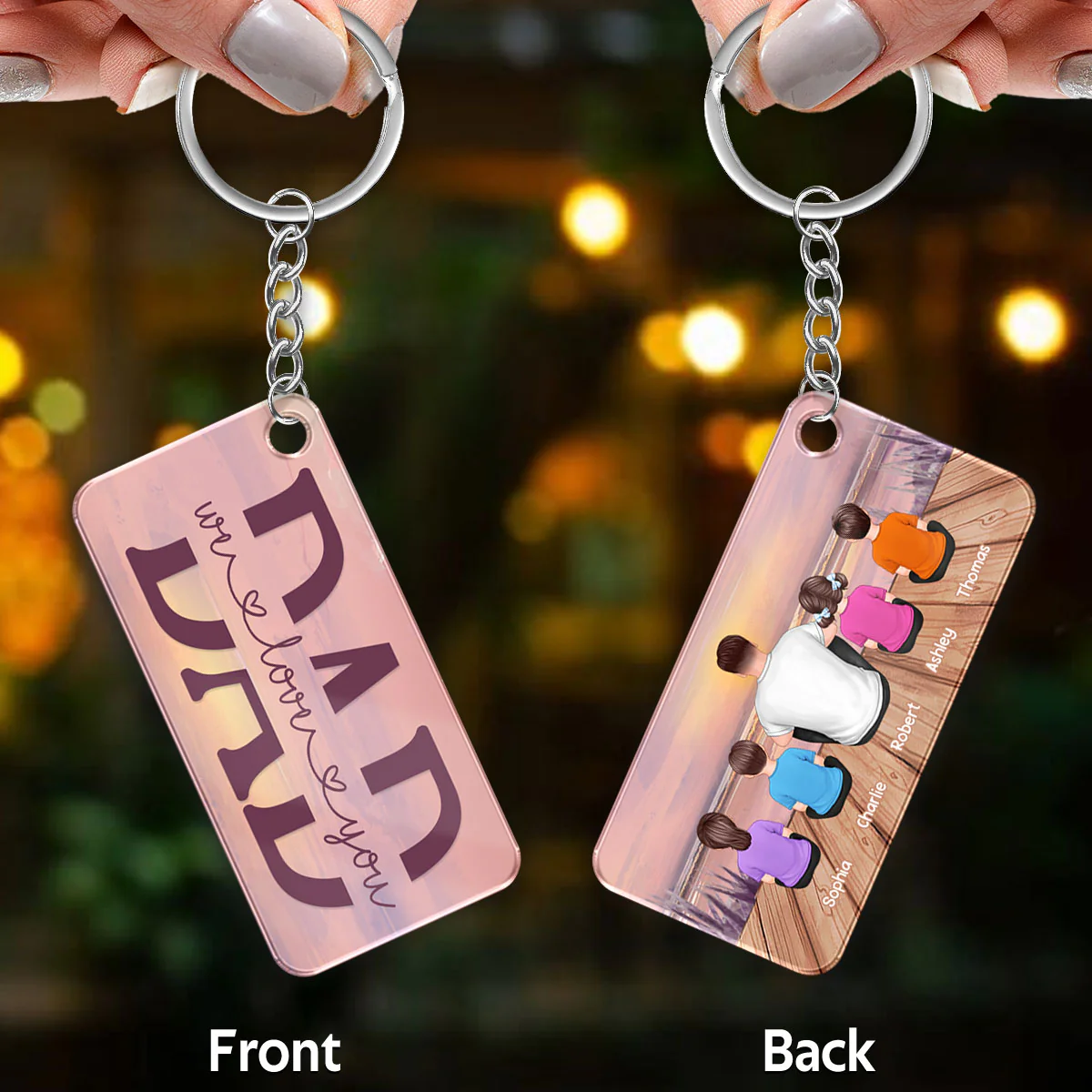 Dad And Kids Back View Lake Sunset Personalized Acrylic Keychain - Image 3