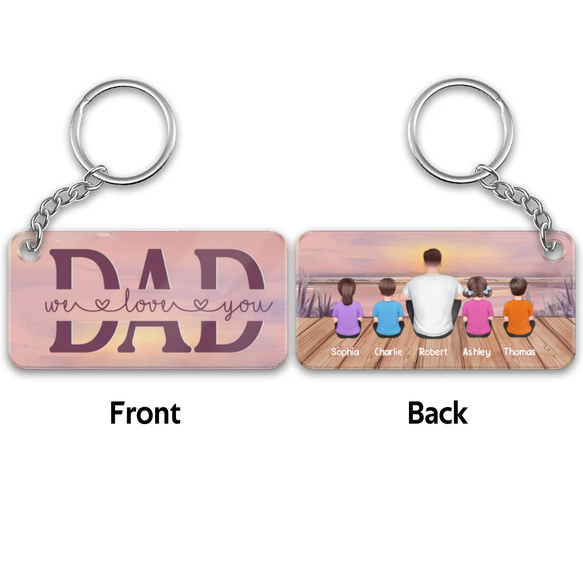 Dad And Kids Back View Lake Sunset Personalized Acrylic Keychain - Image 4