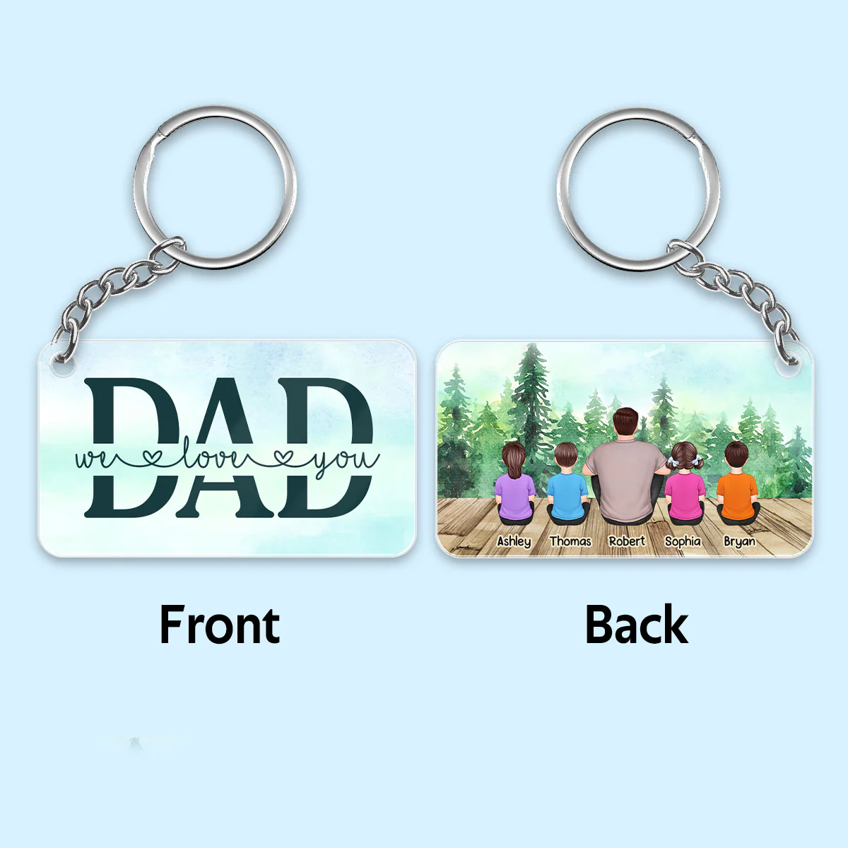 Dad And Kids Back View Sitting Forest Personalized Acrylic Keychain