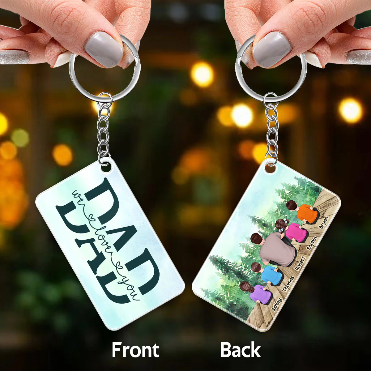 Dad And Kids Back View Sitting Forest Personalized Acrylic Keychain - Image 3