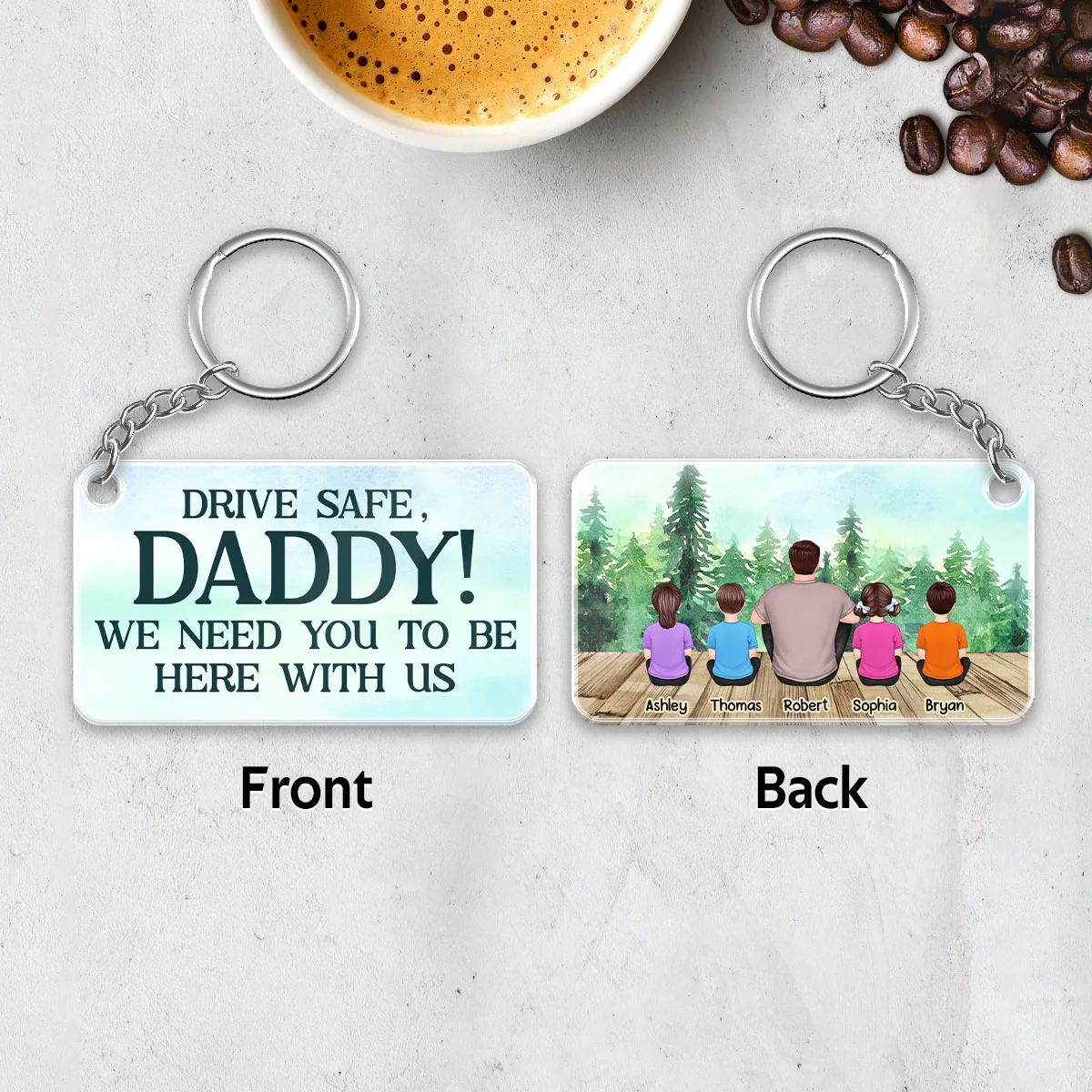 Dad And Kids Back View Sitting Forest Personalized Acrylic Keychain - Image 5