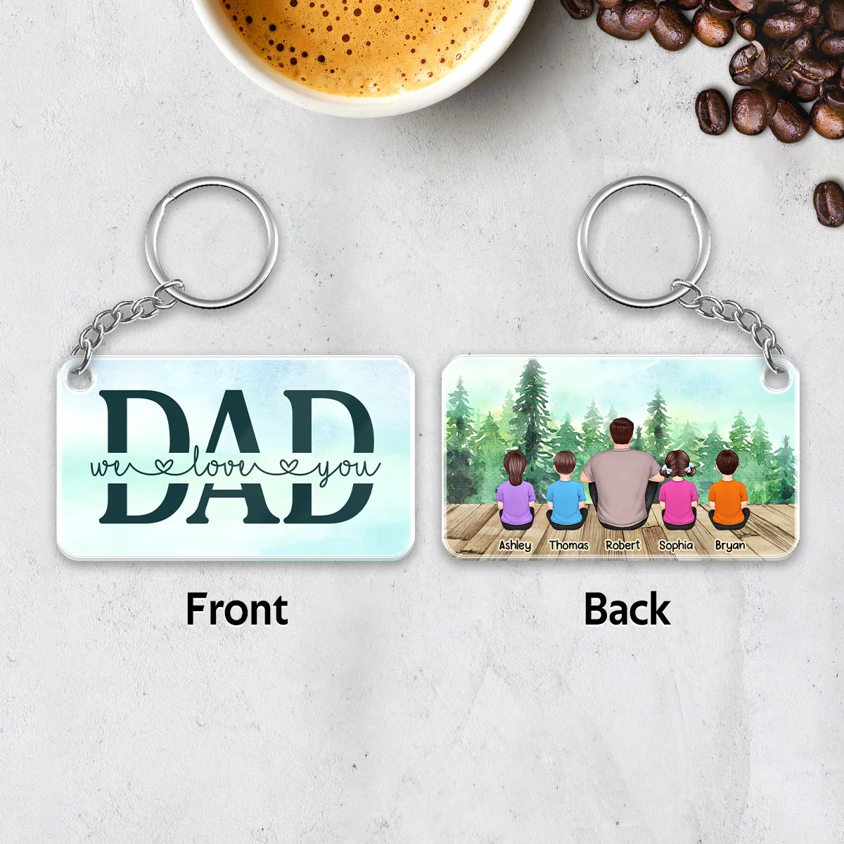 Dad And Kids Back View Sitting Forest Personalized Acrylic Keychain - Image 6