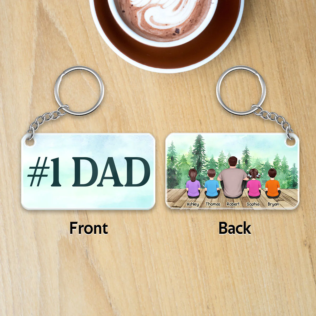 Dad And Kids Back View Sitting Forest Personalized Acrylic Keychain - Image 4