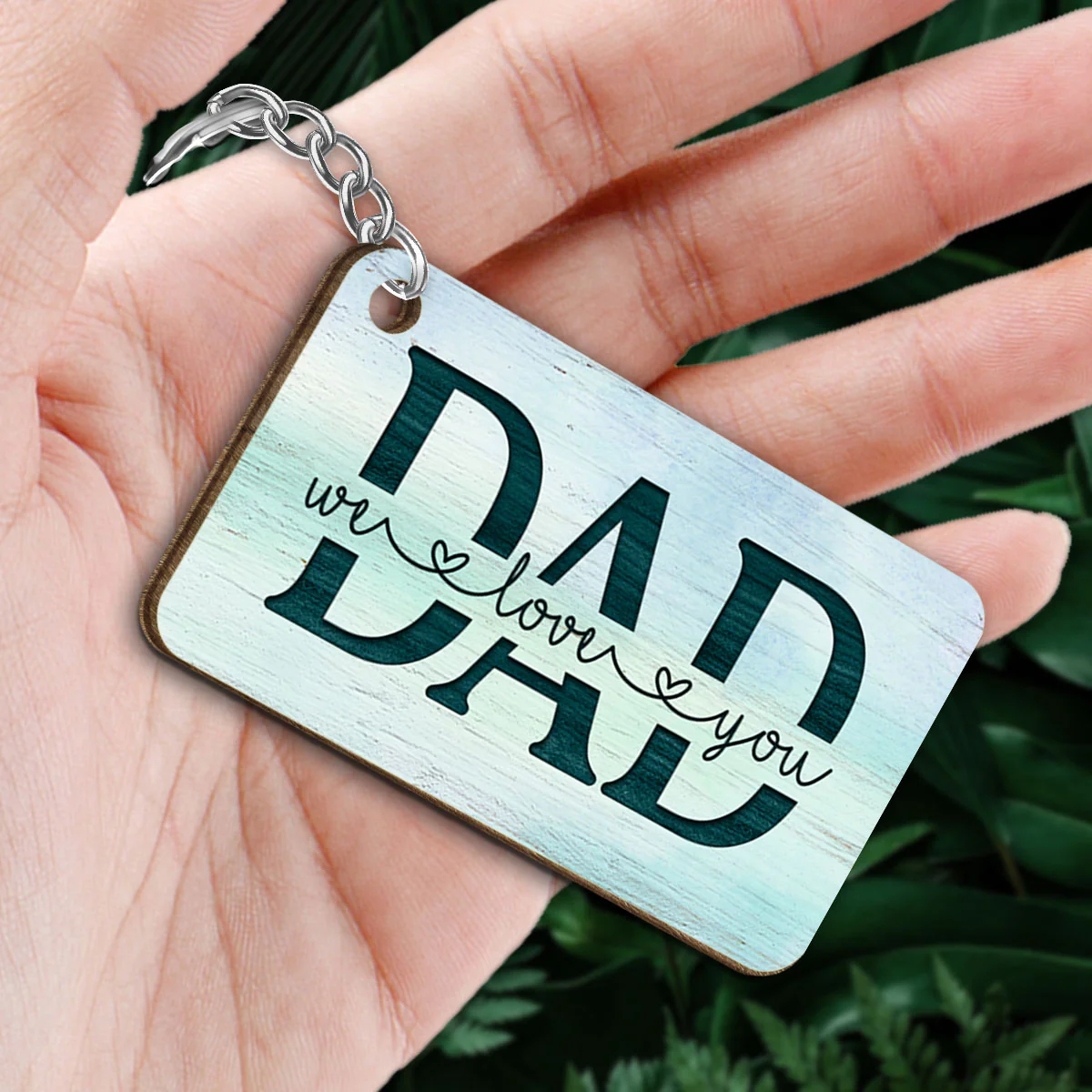 Dad And Kids Back View Sitting Forest Personalized Wooden Keychain - Image 2