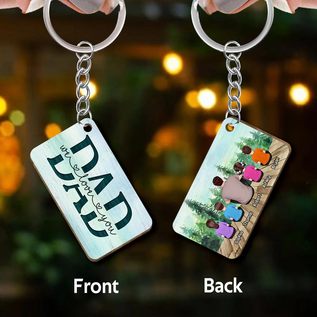 Dad And Kids Back View Sitting Forest Personalized Wooden Keychain - Image 3