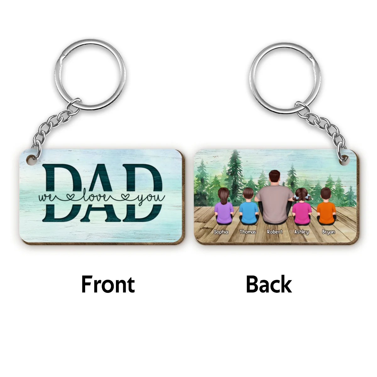Dad And Kids Back View Sitting Forest Personalized Wooden Keychain - Image 4