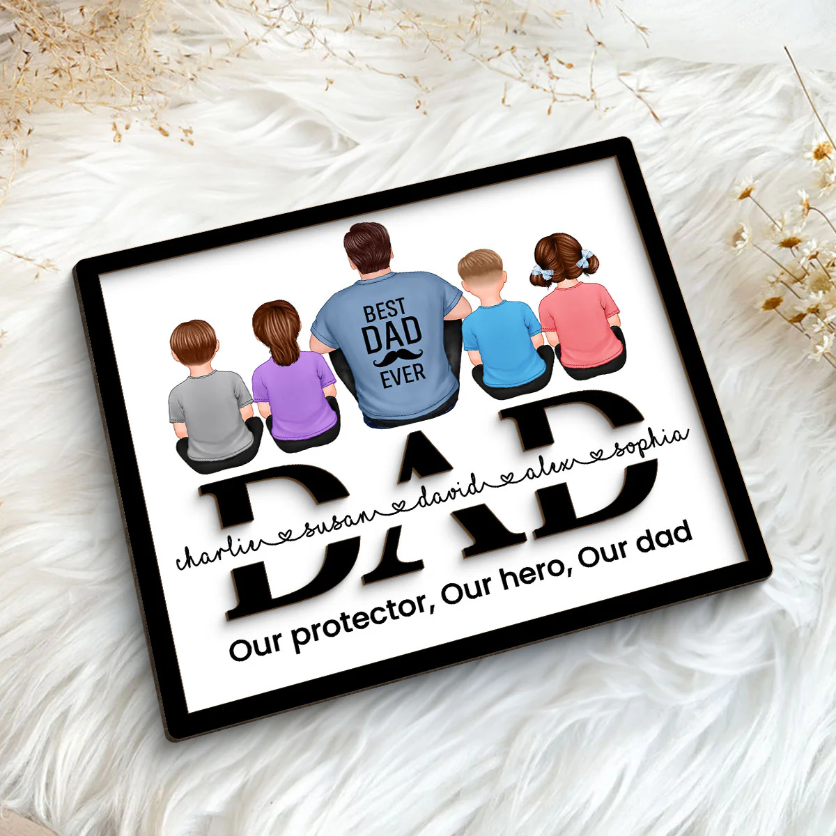 Dad And Kids Back View Sitting On Text Personalized 2-Layer Wooden Plaque - Image 5
