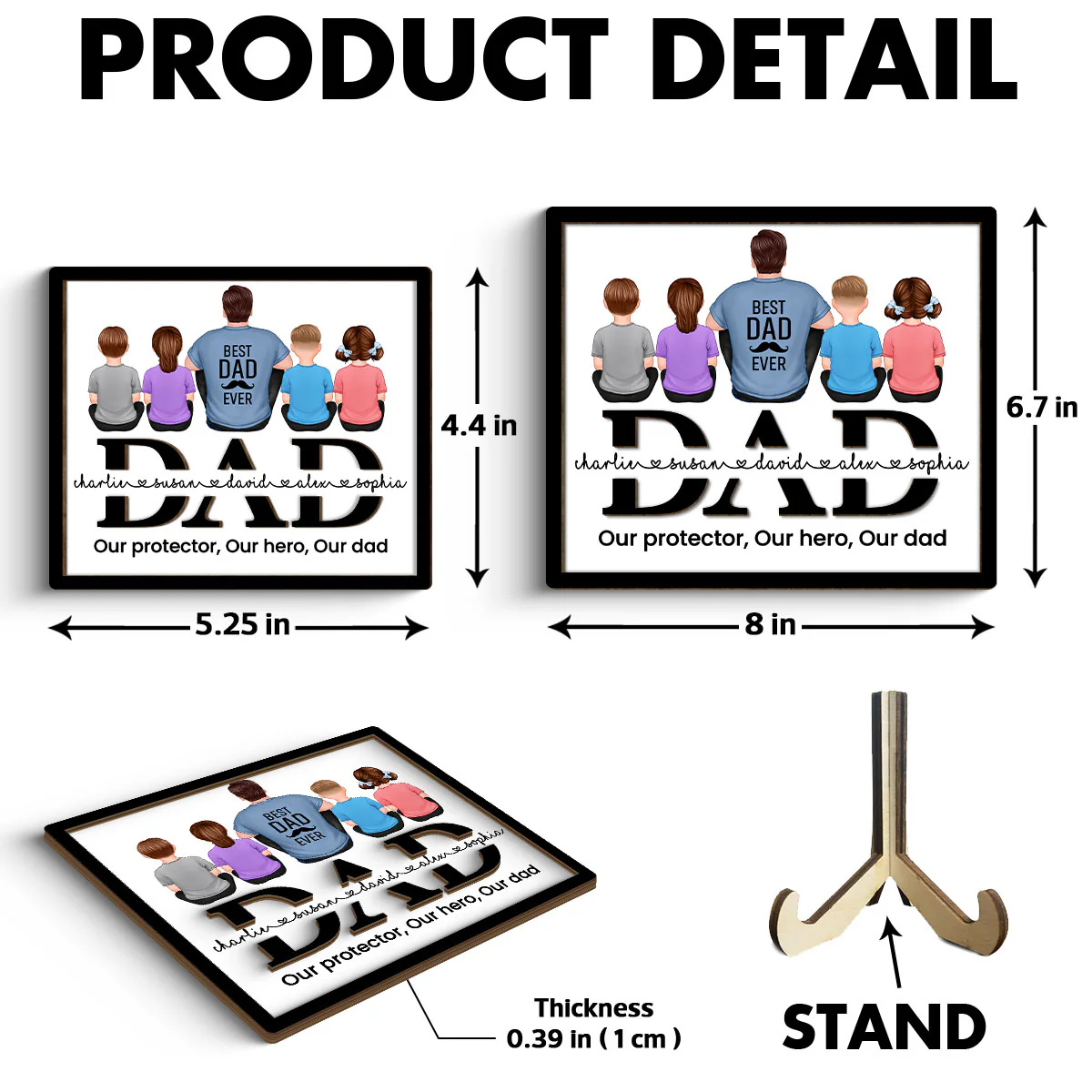 Dad And Kids Back View Sitting On Text Personalized 2-Layer Wooden Plaque - Image 6