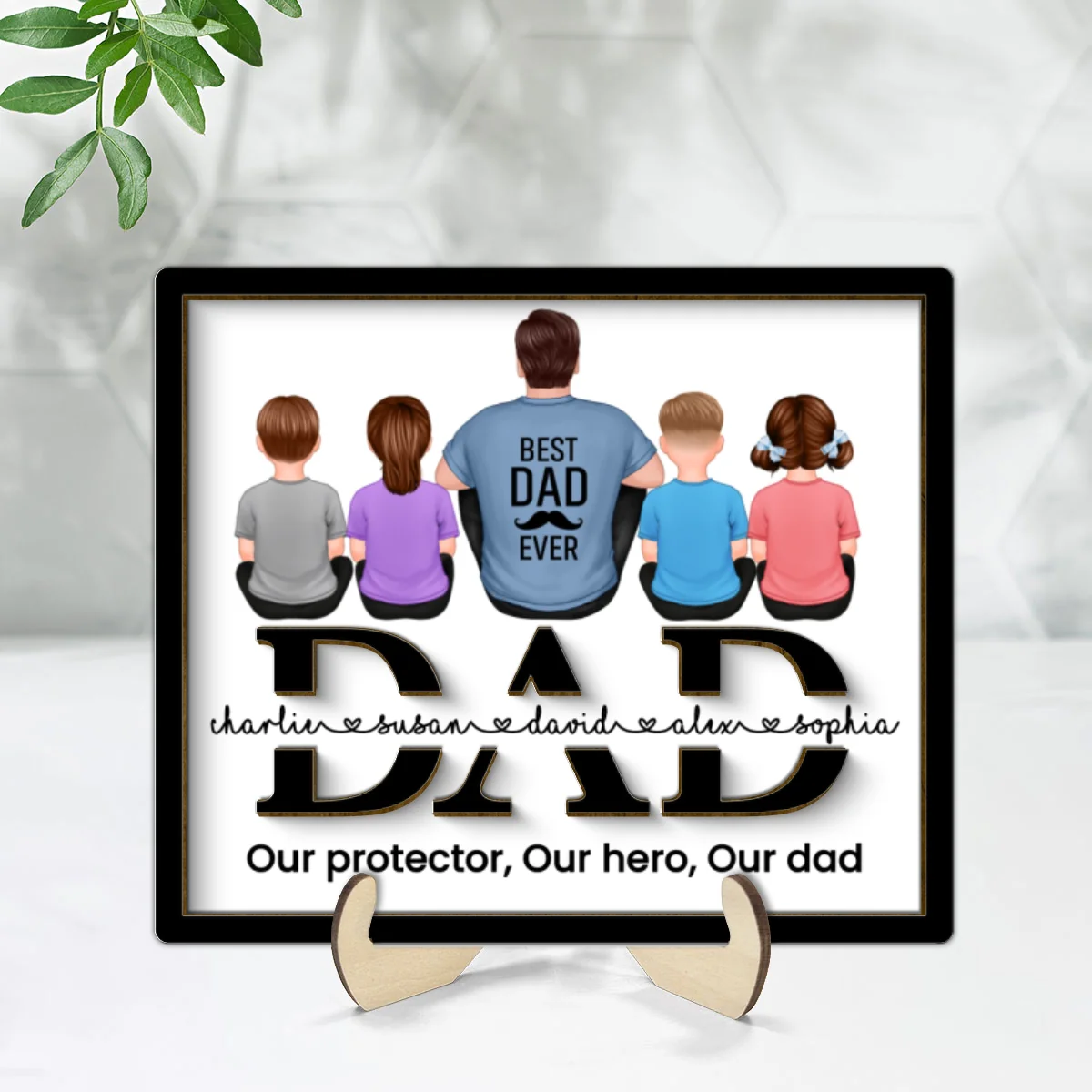 Dad And Kids Back View Sitting On Text Personalized 2-Layer Wooden Plaque - Image 8