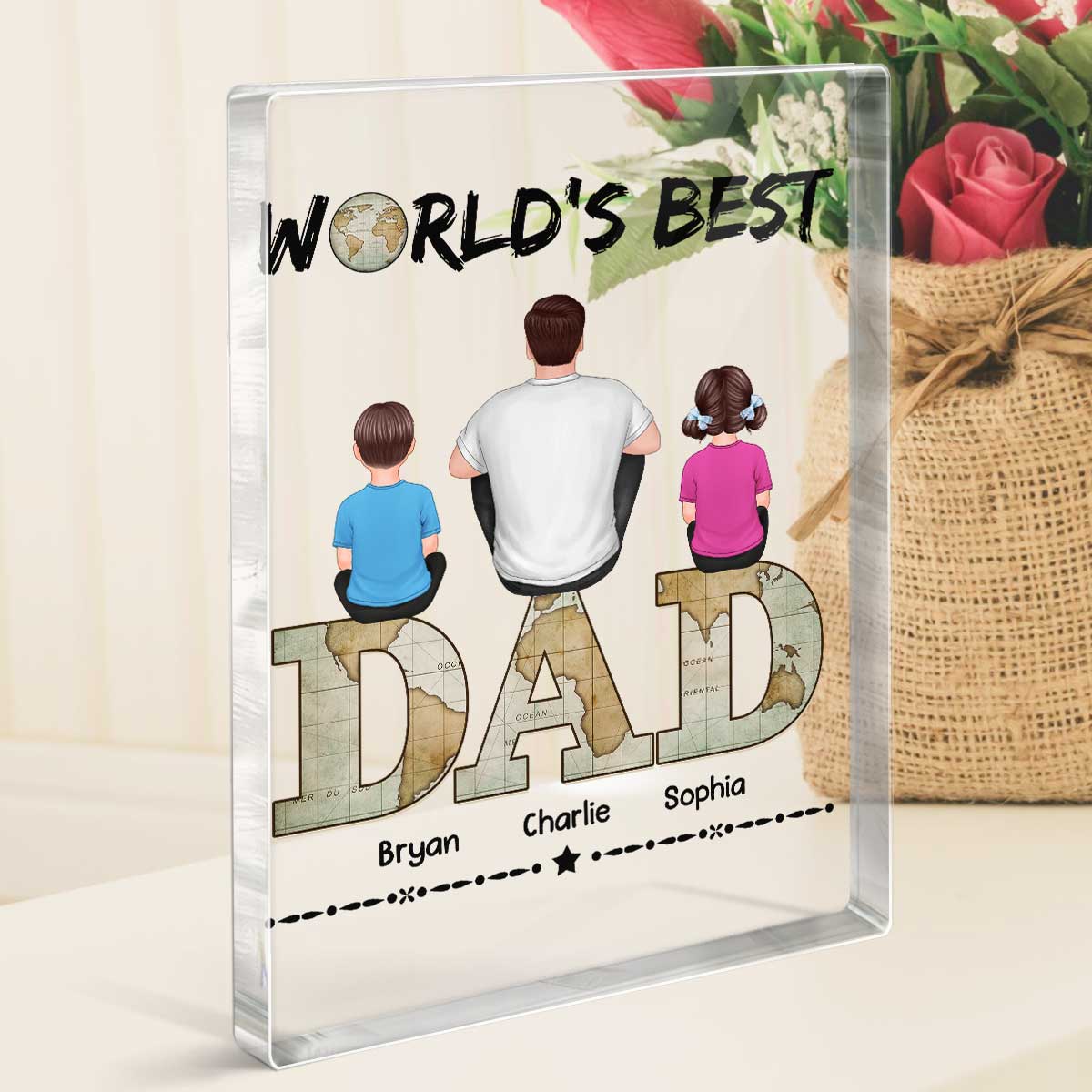 Dad And Kids Back View Sitting On World Map Text Personalized Rectangle Acrylic Block Plaque