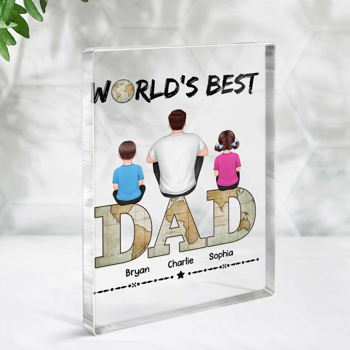 Dad And Kids Back View Sitting On World Map Text Personalized Rectangle Acrylic Block Plaque - Image 3