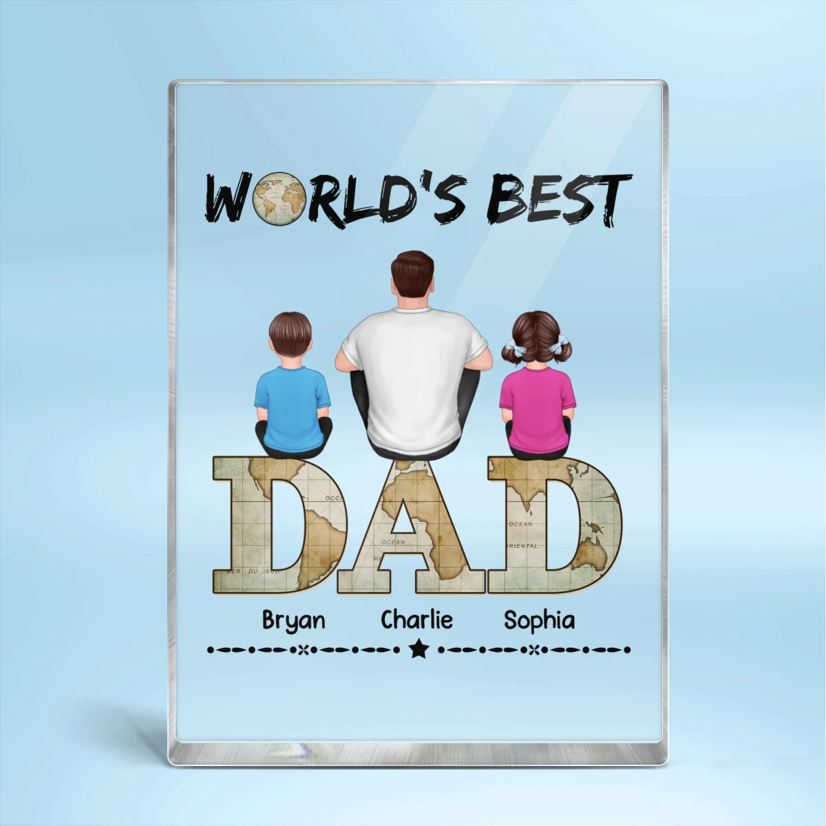 Dad And Kids Back View Sitting On World Map Text Personalized Rectangle Acrylic Block Plaque - Image 4