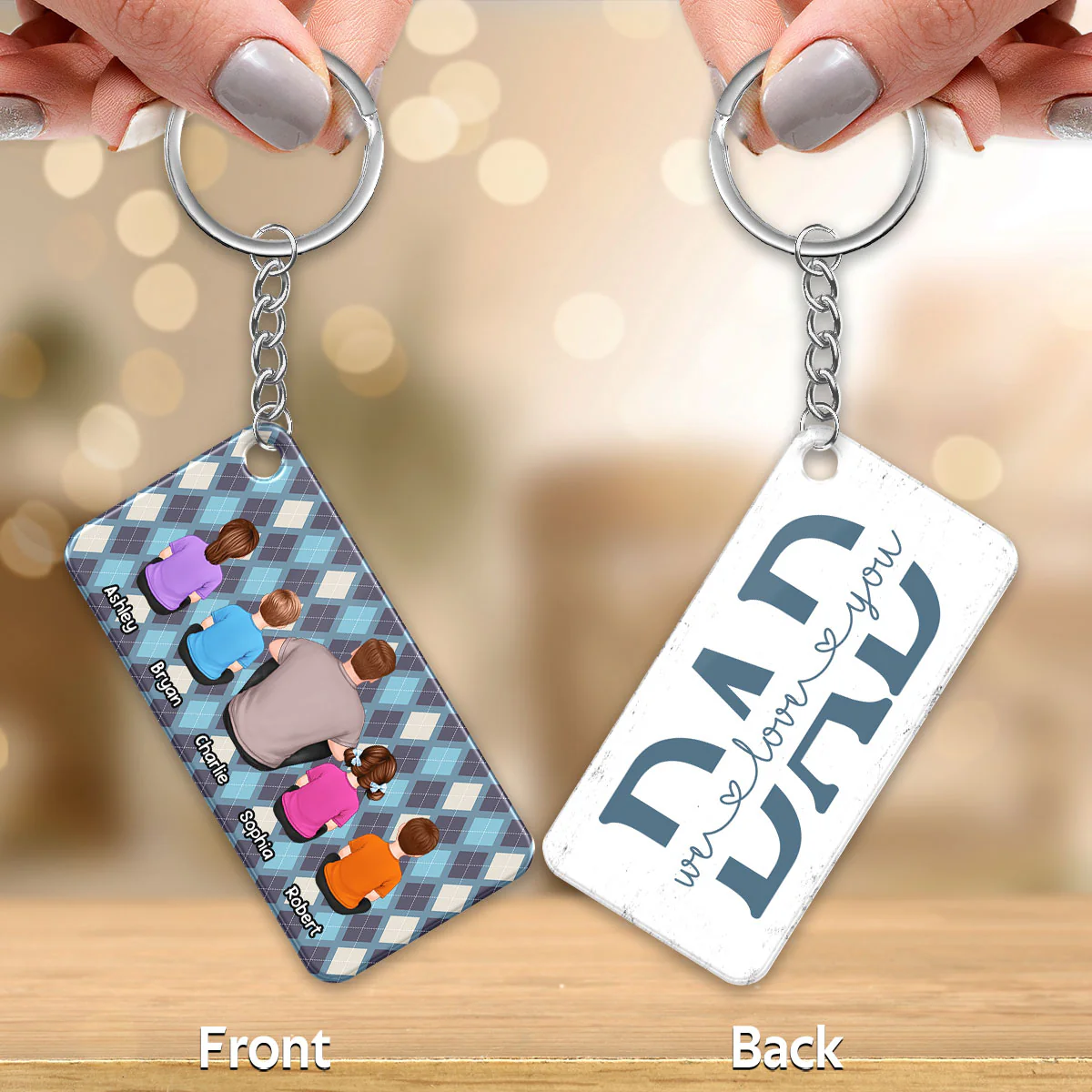 Dad And Kids Dogs Cats Back View Argyle Pattern Personalized Acrylic Keychain - Image 2