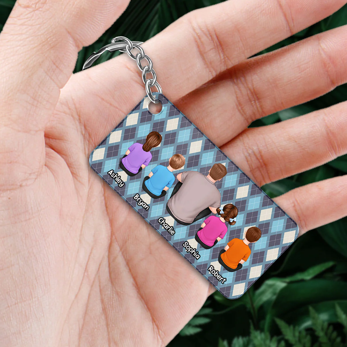 Dad And Kids Dogs Cats Back View Argyle Pattern Personalized Acrylic Keychain - Image 3