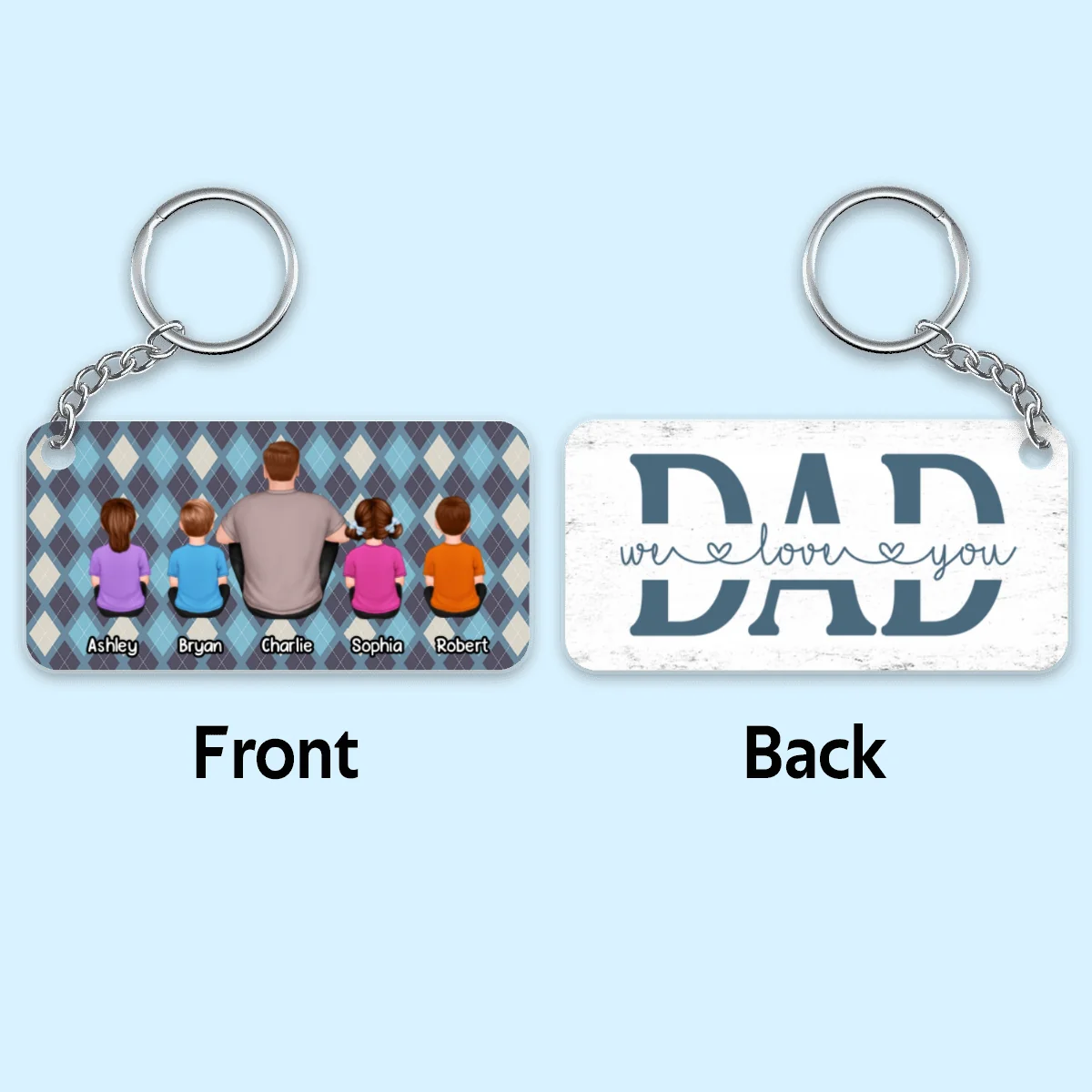 Dad And Kids Dogs Cats Back View Argyle Pattern Personalized Acrylic Keychain - Image 4