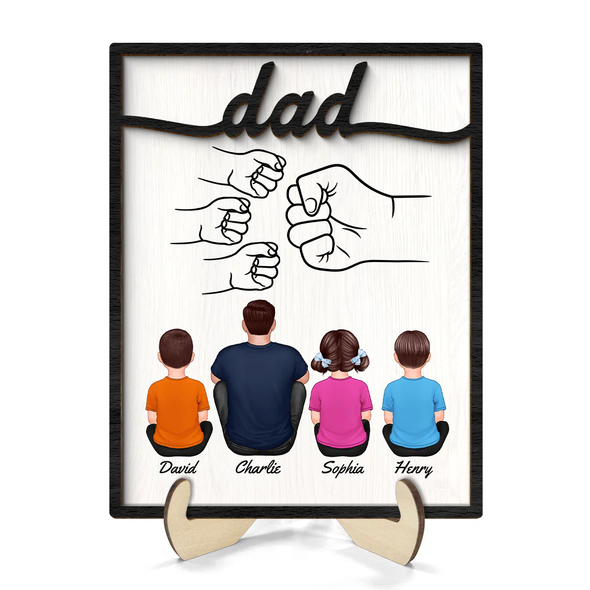 Dad And Kids Fist Bump Personalized 2-Layer Wooden Plaque