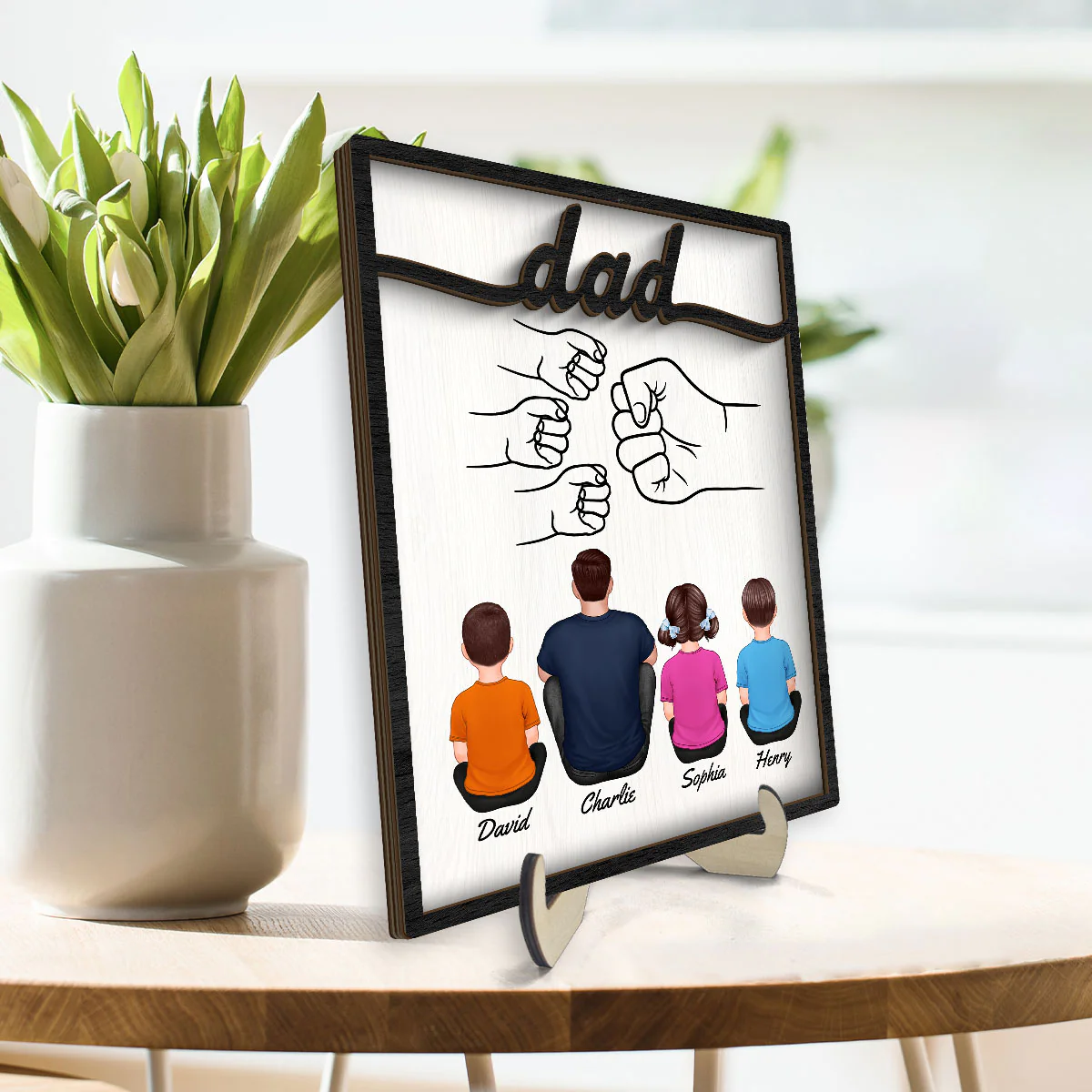 Dad And Kids Fist Bump Personalized 2-Layer Wooden Plaque - Image 3