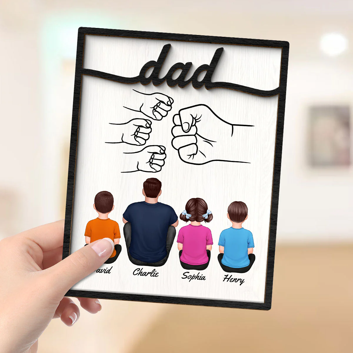 Dad And Kids Fist Bump Personalized 2-Layer Wooden Plaque - Image 4