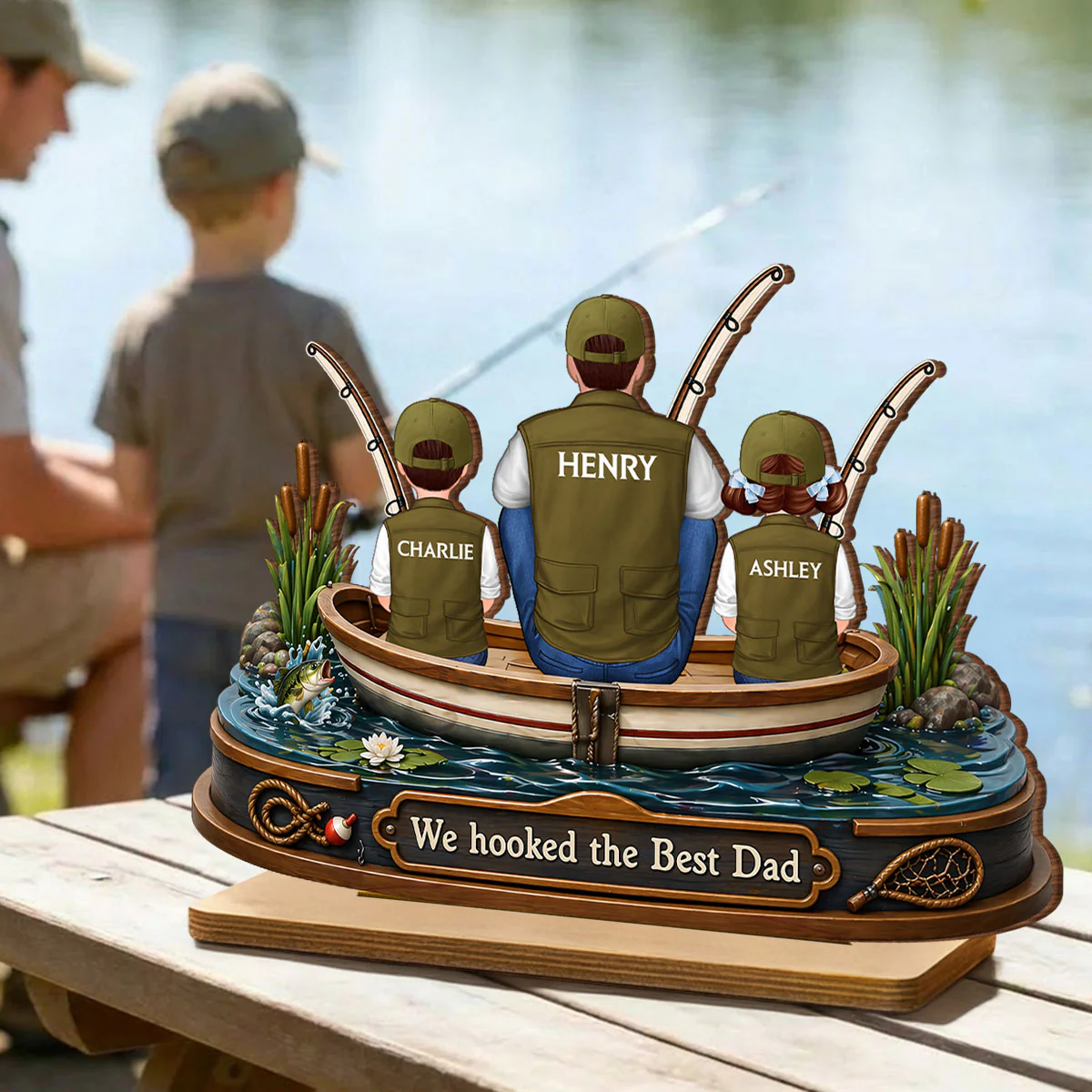 Dad And Kids Fishing Boat - Personalized 2-Layered Wooden Plaque - Heartfelt Gift For Fishing Dad, Gift For Husband - Image 5