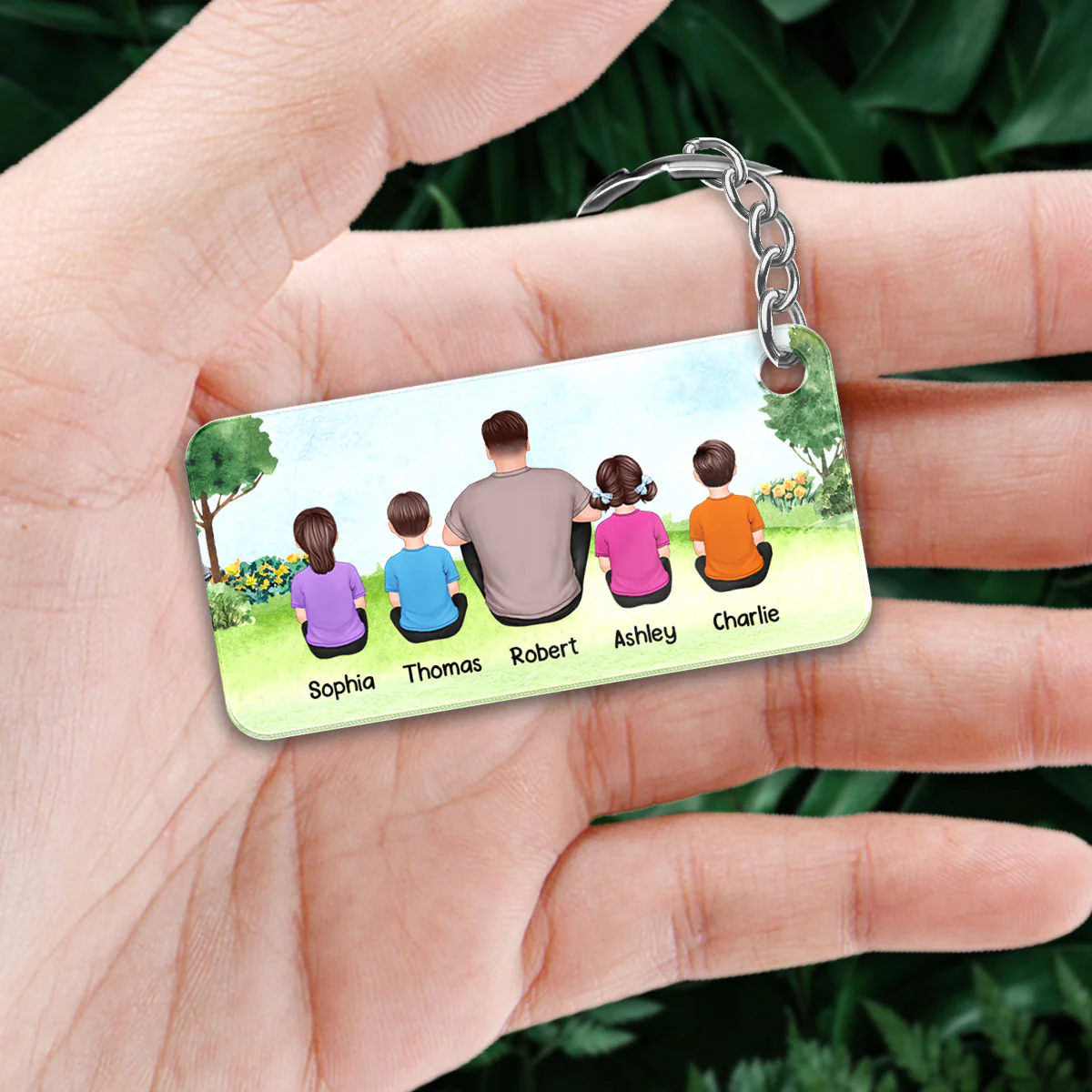 Dad And Kids Sitting Back View In Park Personalized Acrylic Keychain - Image 2