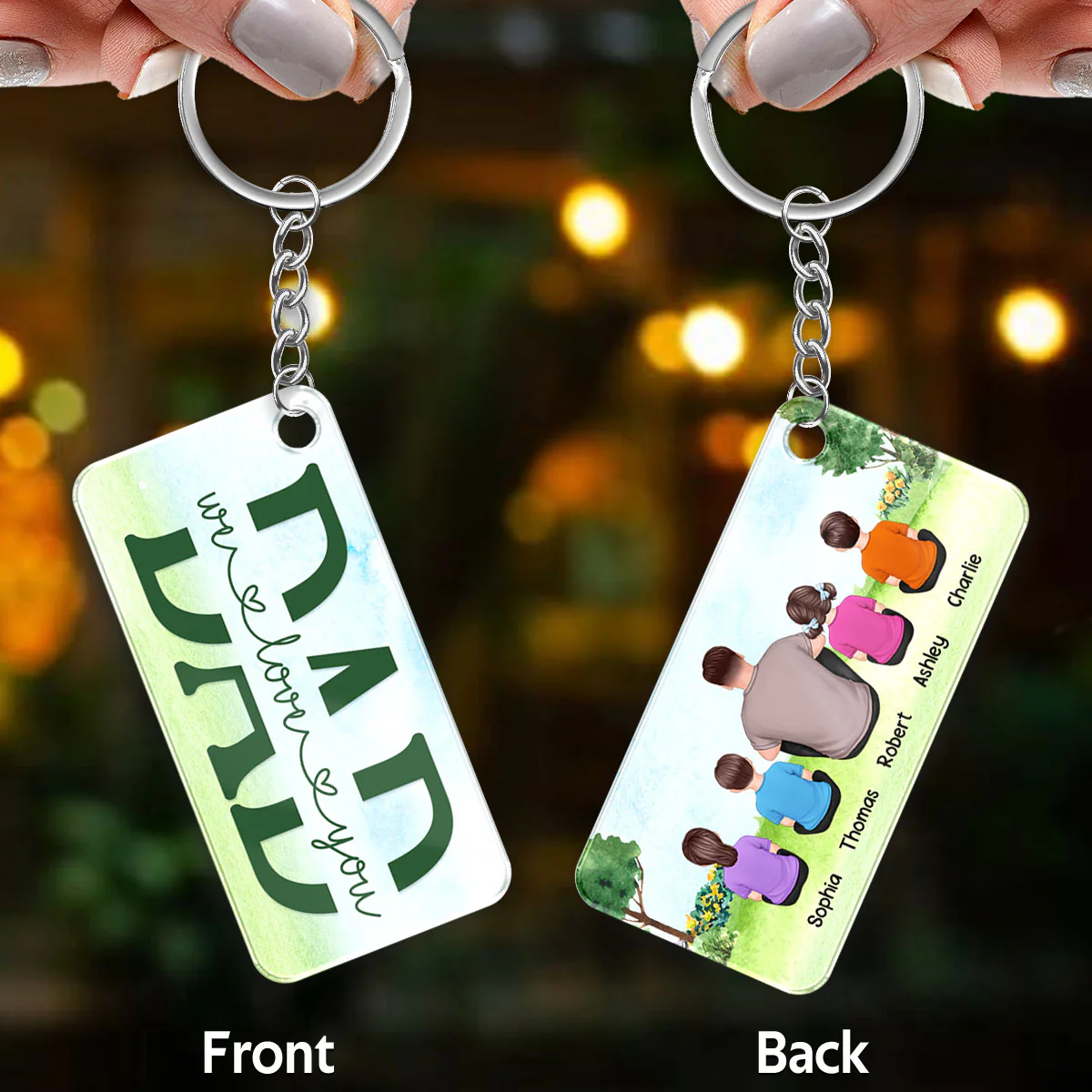 Dad And Kids Sitting Back View In Park Personalized Acrylic Keychain - Image 3