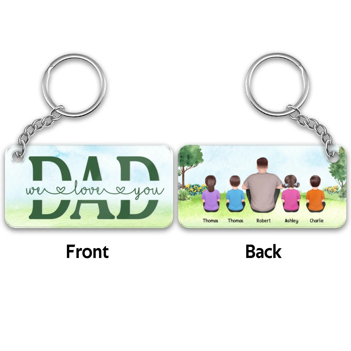 Dad And Kids Sitting Back View In Park Personalized Acrylic Keychain - Image 4