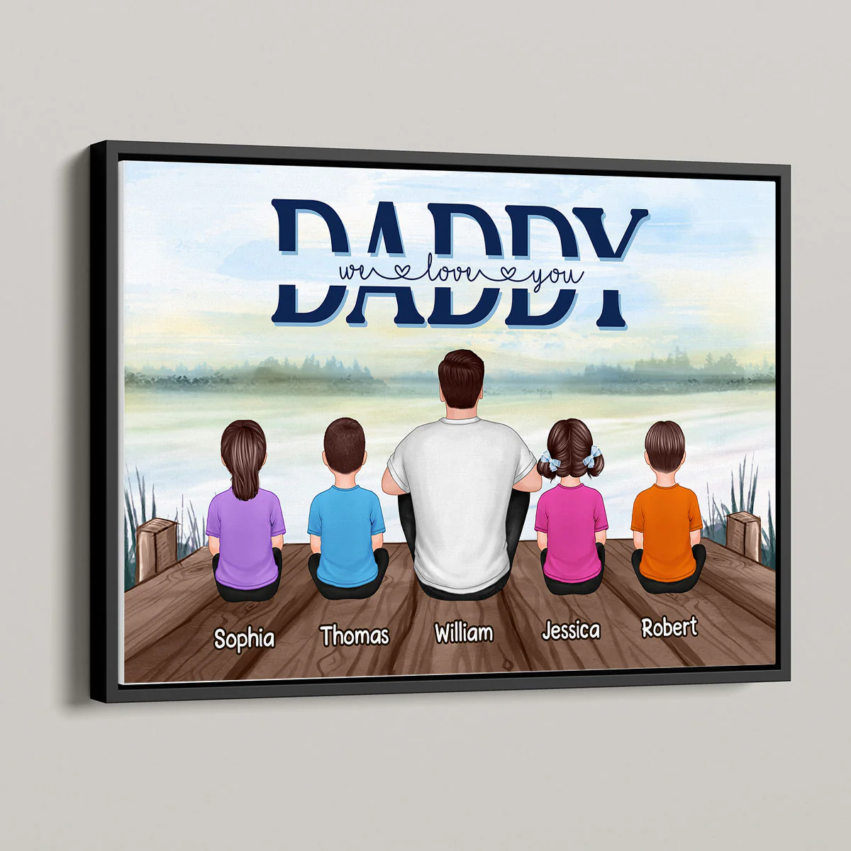 Dad And Kids Sitting Back View Lake Personalized Horizontal Poster - Image 3