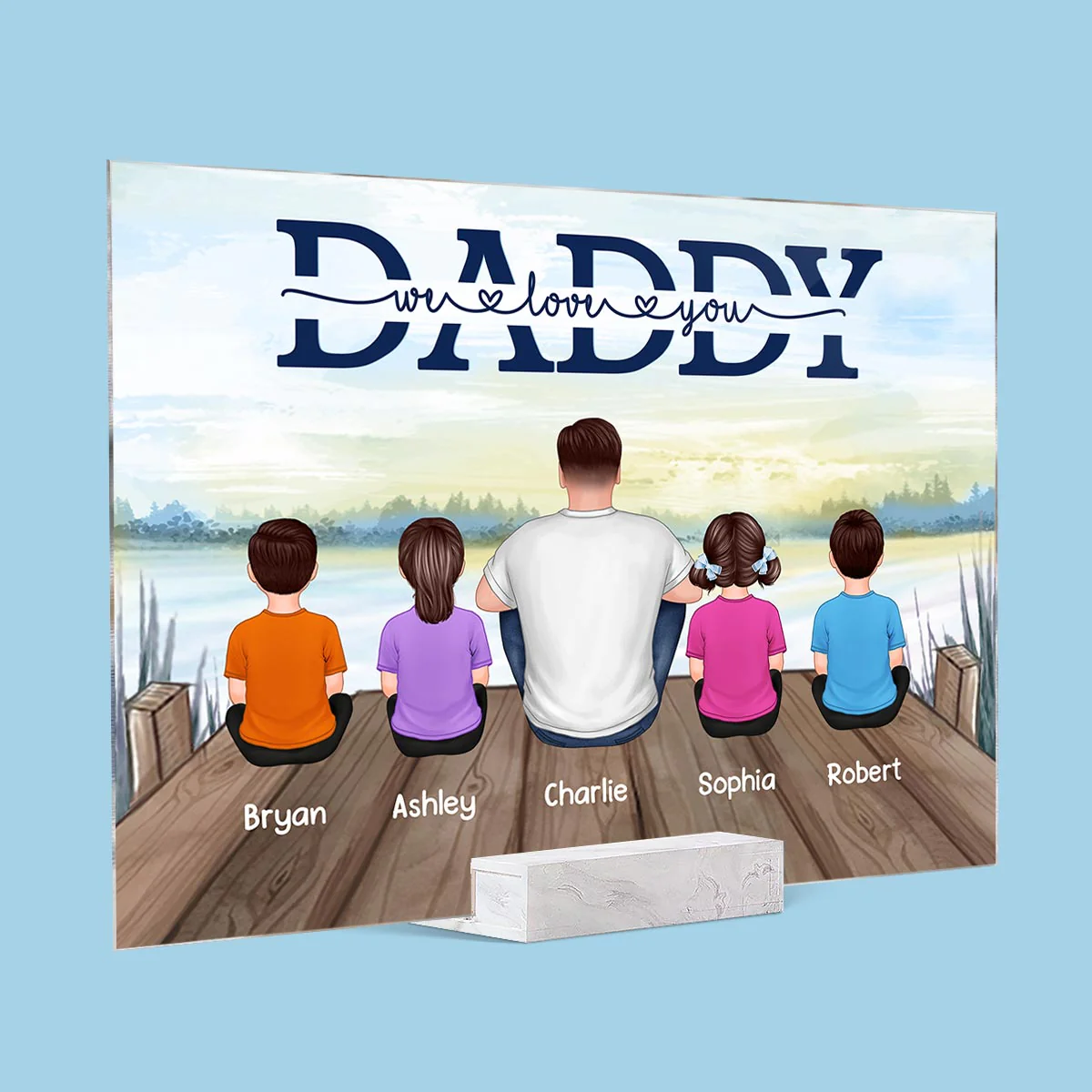 Dad And Kids Sitting Back View Lake Personalized Rectangle Acrylic Plaque - Image 2
