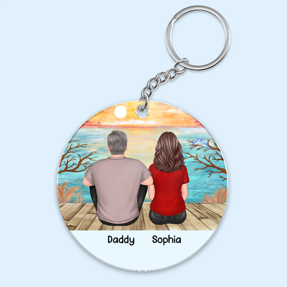Dad And Kids Sitting Landscape Background Personalized Acrylic Keychain