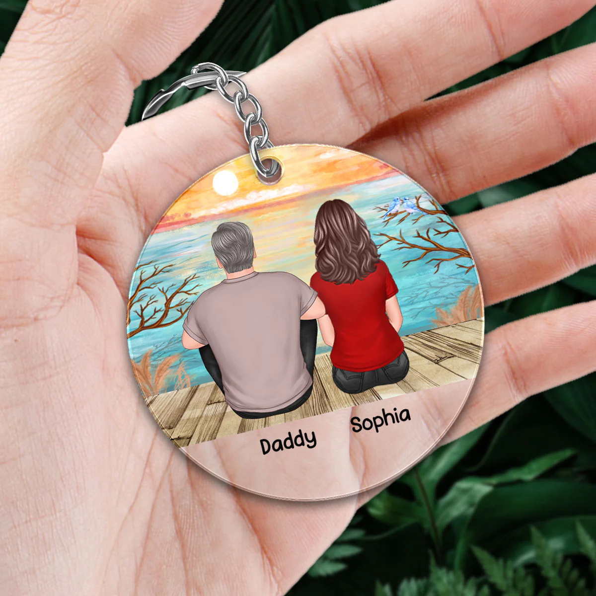 Dad And Kids Sitting Landscape Background Personalized Acrylic Keychain - Image 2