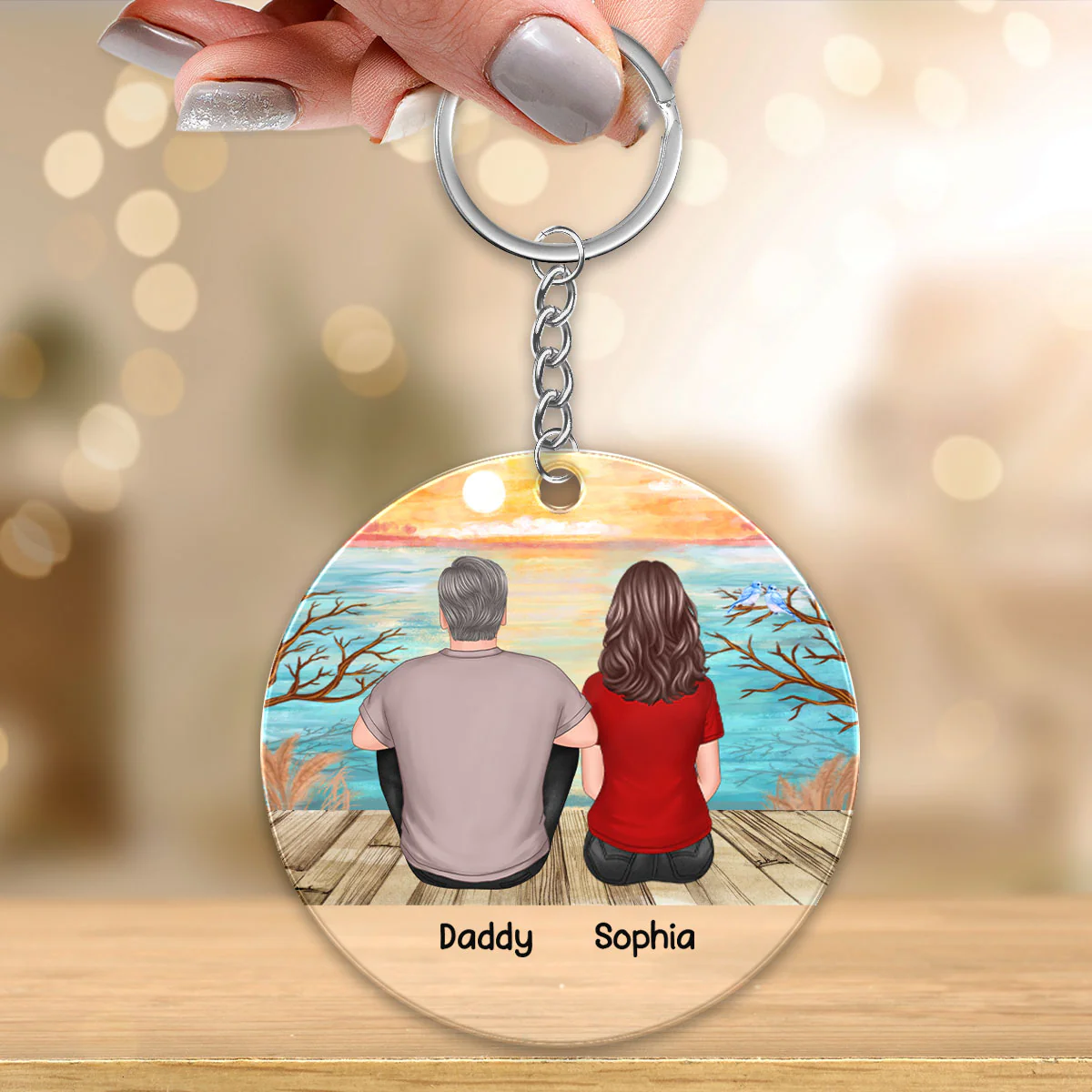 Dad And Kids Sitting Landscape Background Personalized Acrylic Keychain - Image 3