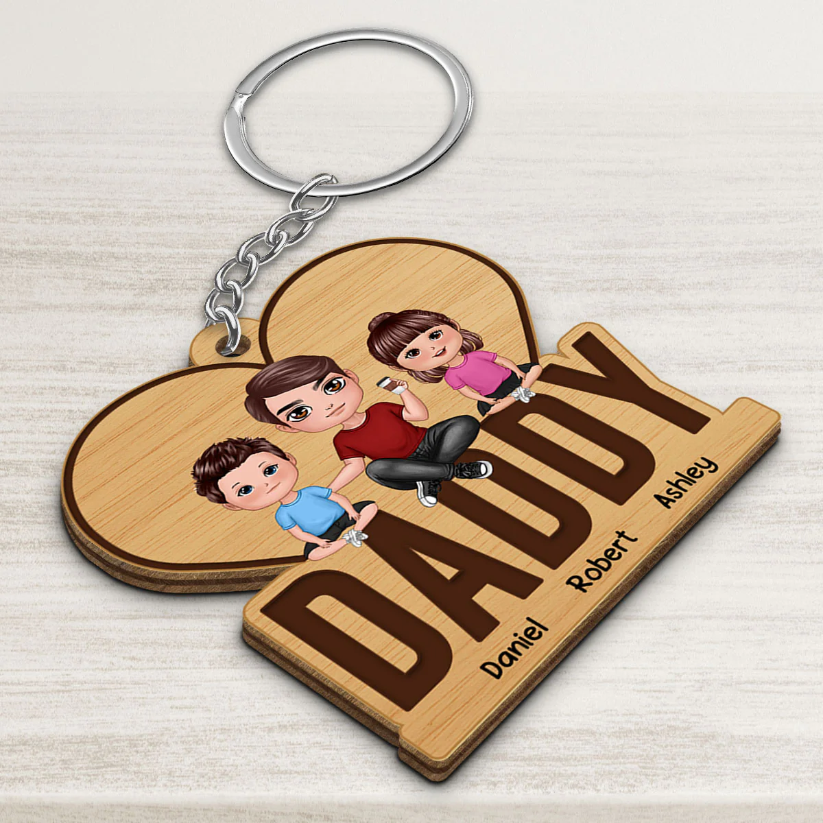 Dad And Kids Sitting Personalized Wooden Keychain - Image 3