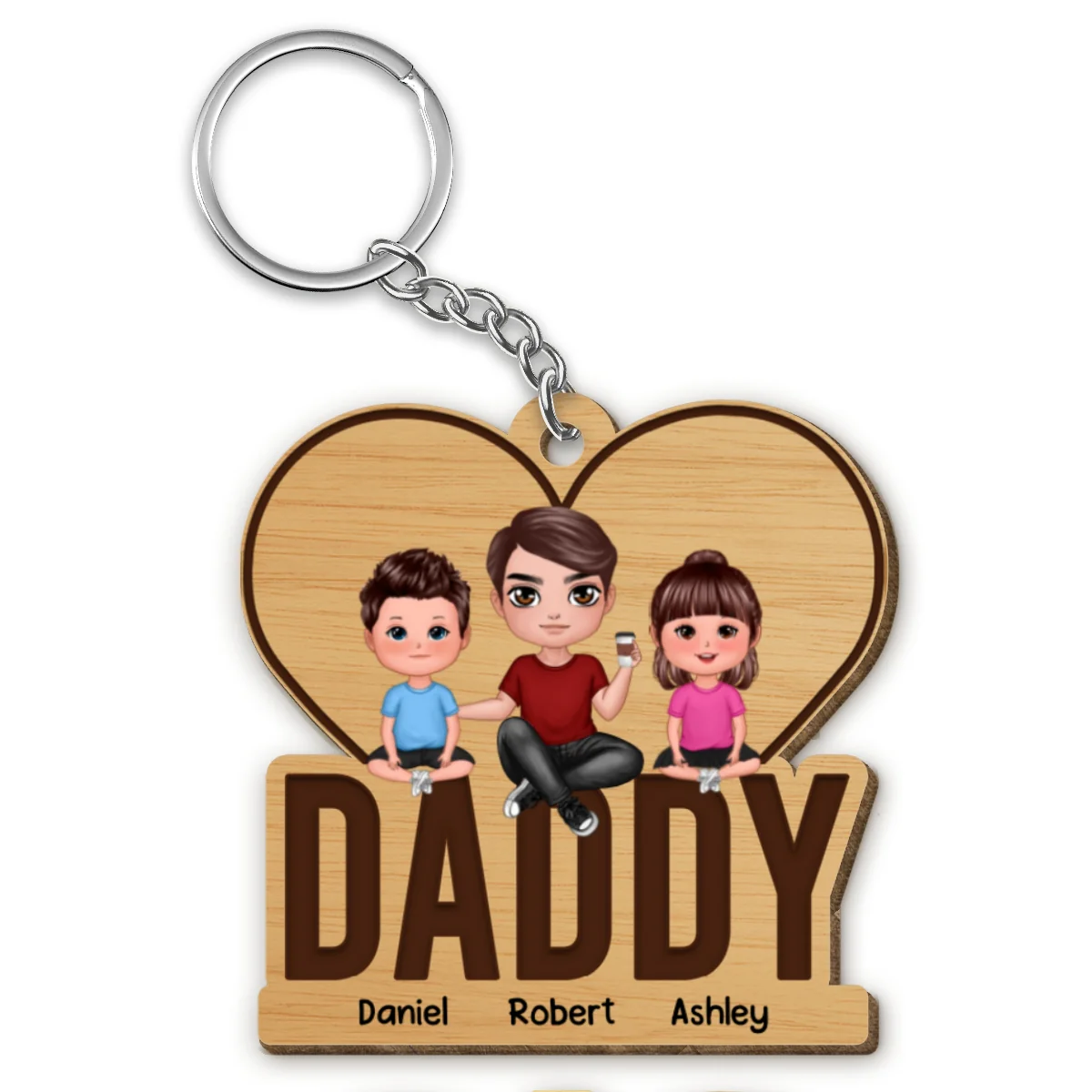 Dad And Kids Sitting Personalized Wooden Keychain - Image 4