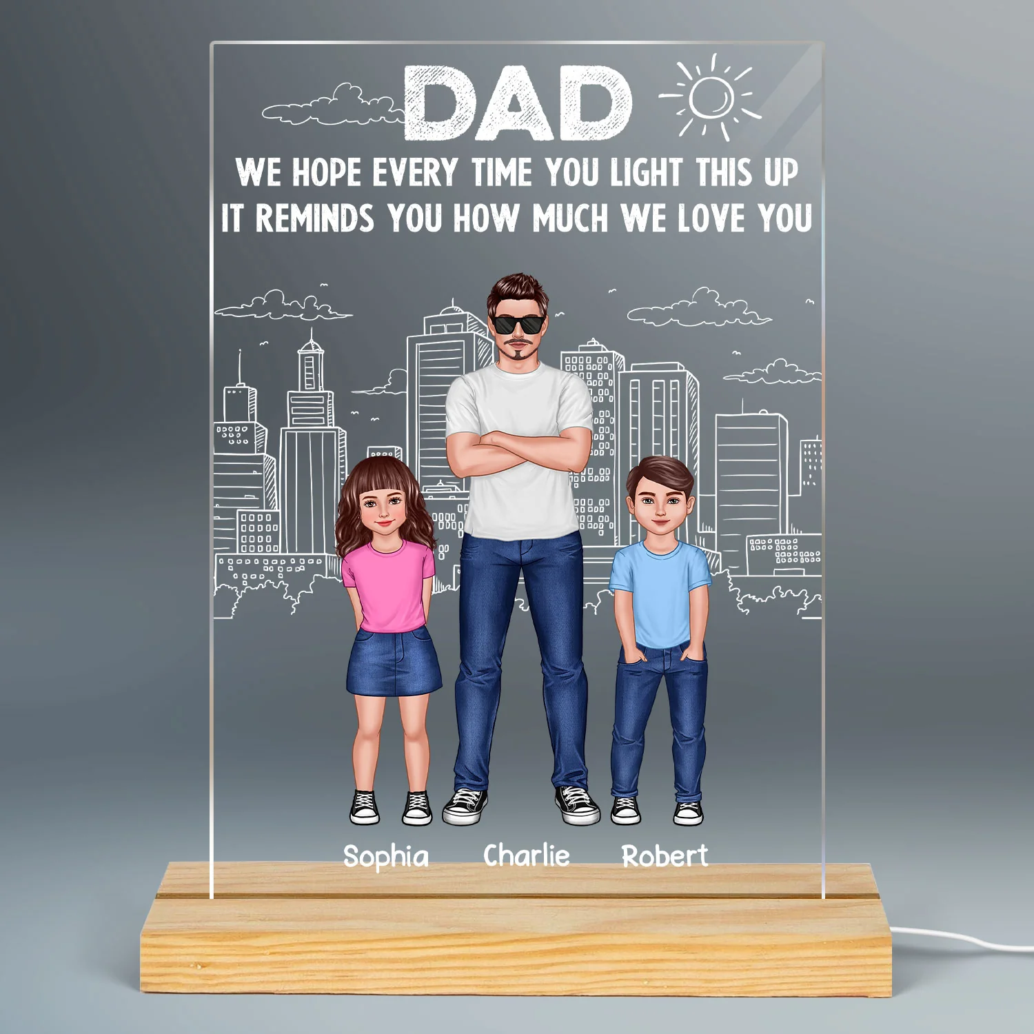 Dad And Kids Standing Front View Outline City Personalized Rectangle Acrylic LED Night Light - Image 2